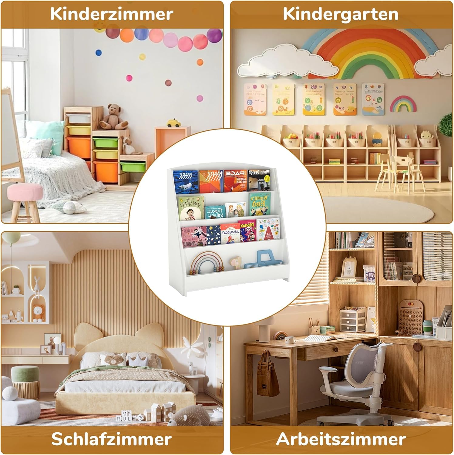 4 Ebenen Bücherregal Kinder Montessori – 88cm Höhe fürs Kinderzimmer | Kinderfreundlich, Leicht greifbar, Lesefördernd, Stauraumstark, Offen
