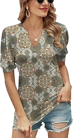 Romanstii Women Casual V-Neck T-Shirts Loose Puff Short Sleeve Tops Tunic Blouses