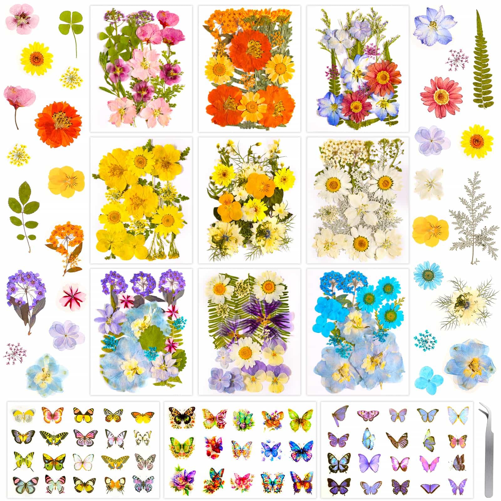 284 Pcs Real Dried Pressed Flowers &amp; Butterfly Stickers for Resin Crafts