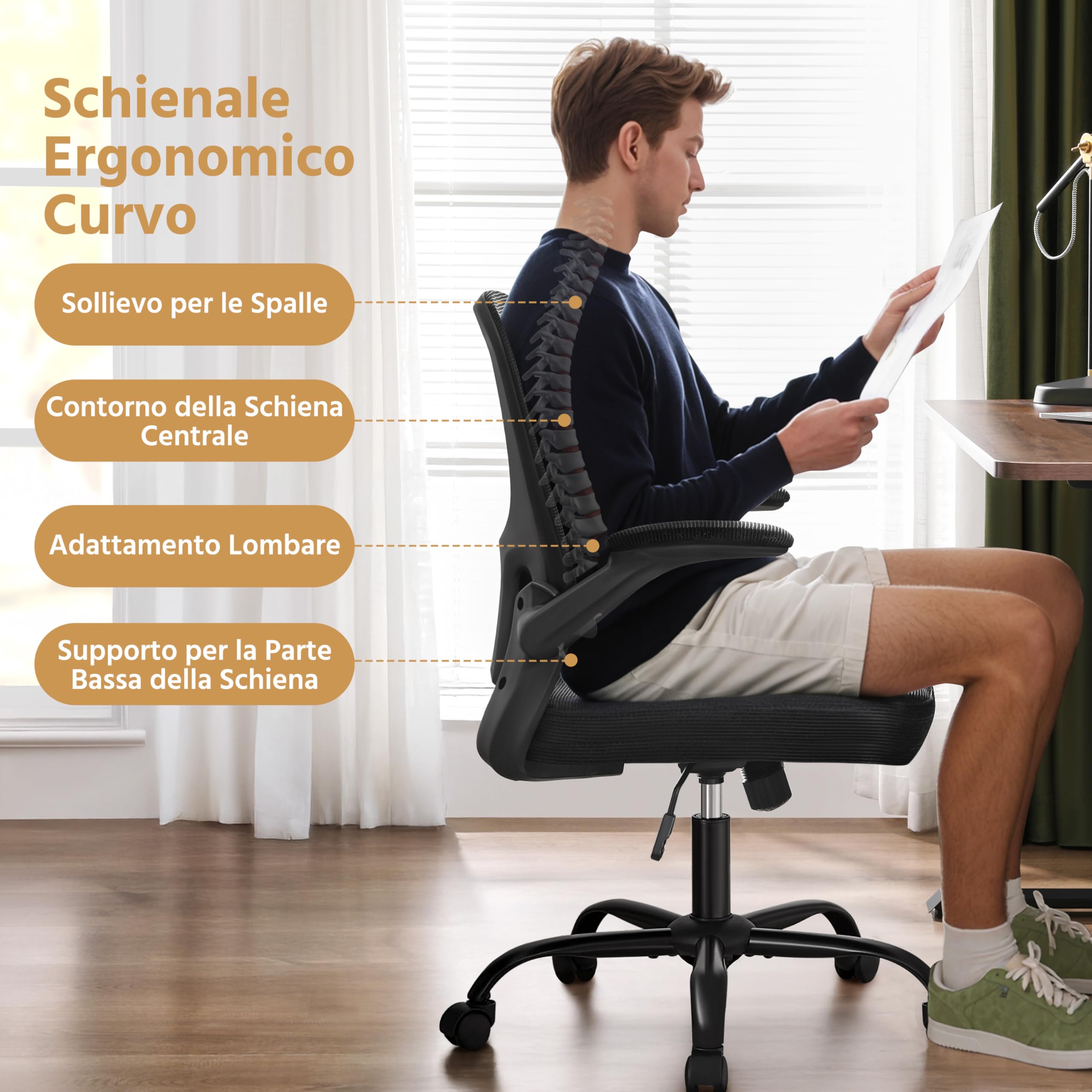 Yaheetech Sedia Ufficio Scrivania Ergonomica con Supporto Lombare Nera | Rete Traspirante Supporto Lombare Braccioli Regolabil Ruote Girevoli Funzione Dondolo Portata 136 KG per Ufficio Camera