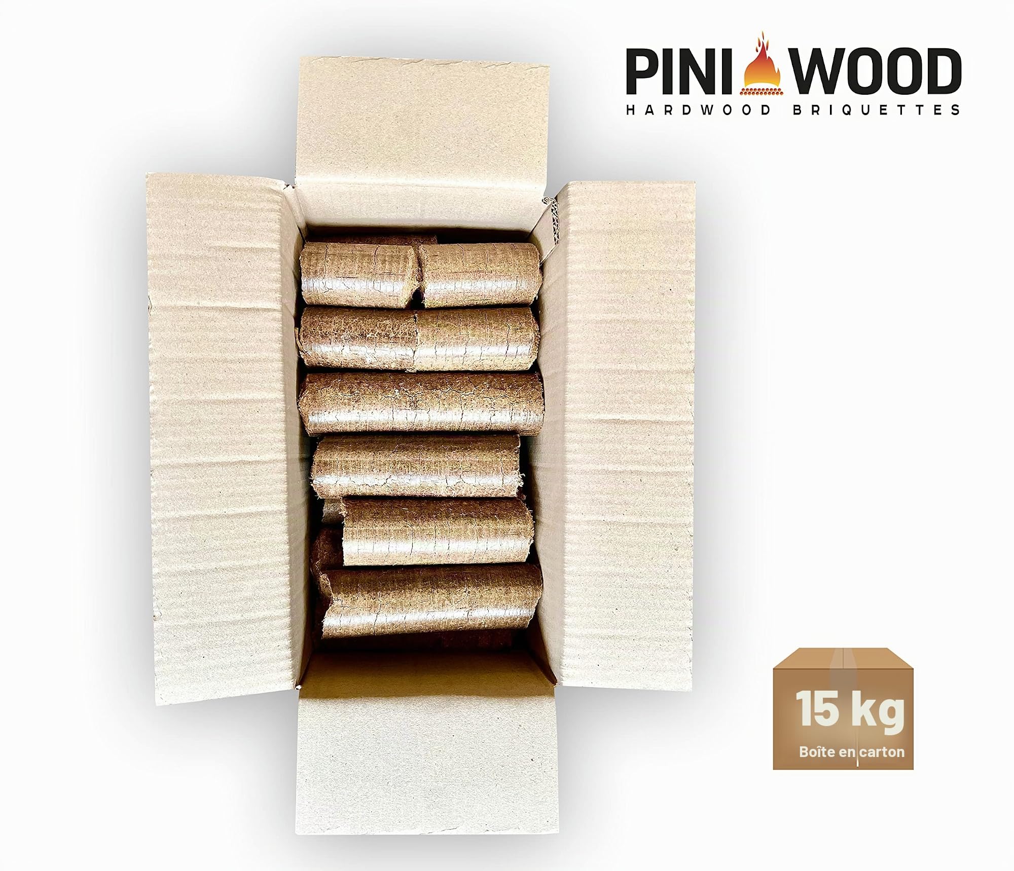 PINI Briquettes de bois de chêne 15 kg, 100 % chêne, longue durée de combustion, haute valeur calorifique, idéal pour cheminée et poêle