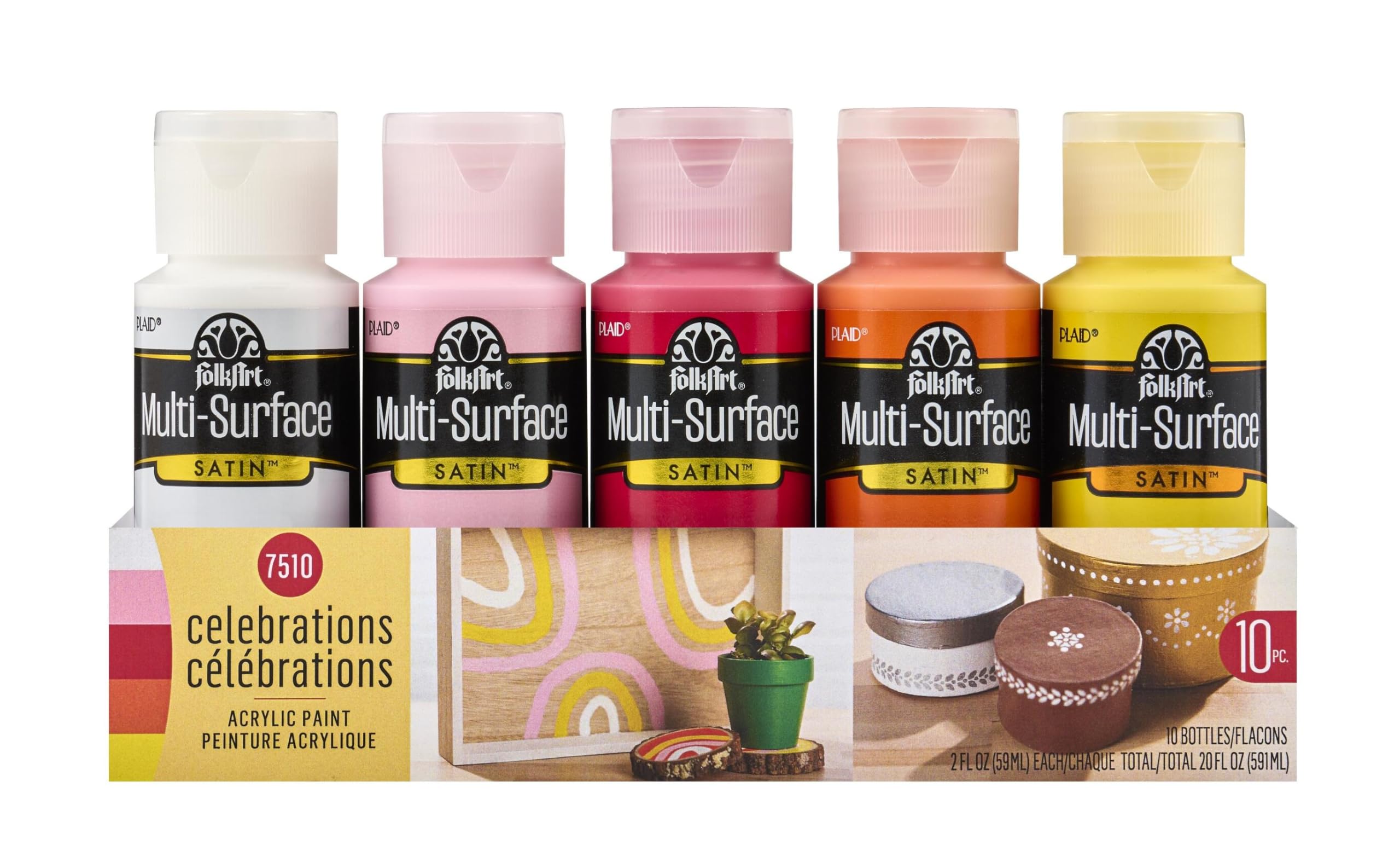 FolkArt 7510 Color, Multi-Surface Paint, 2oz Acrylfarben-Set für Verschiedene Oberflächen, 10 Flaschen, acryl, Feierlichkeiten, 57 ml (10er Pack), 591 Milliliter