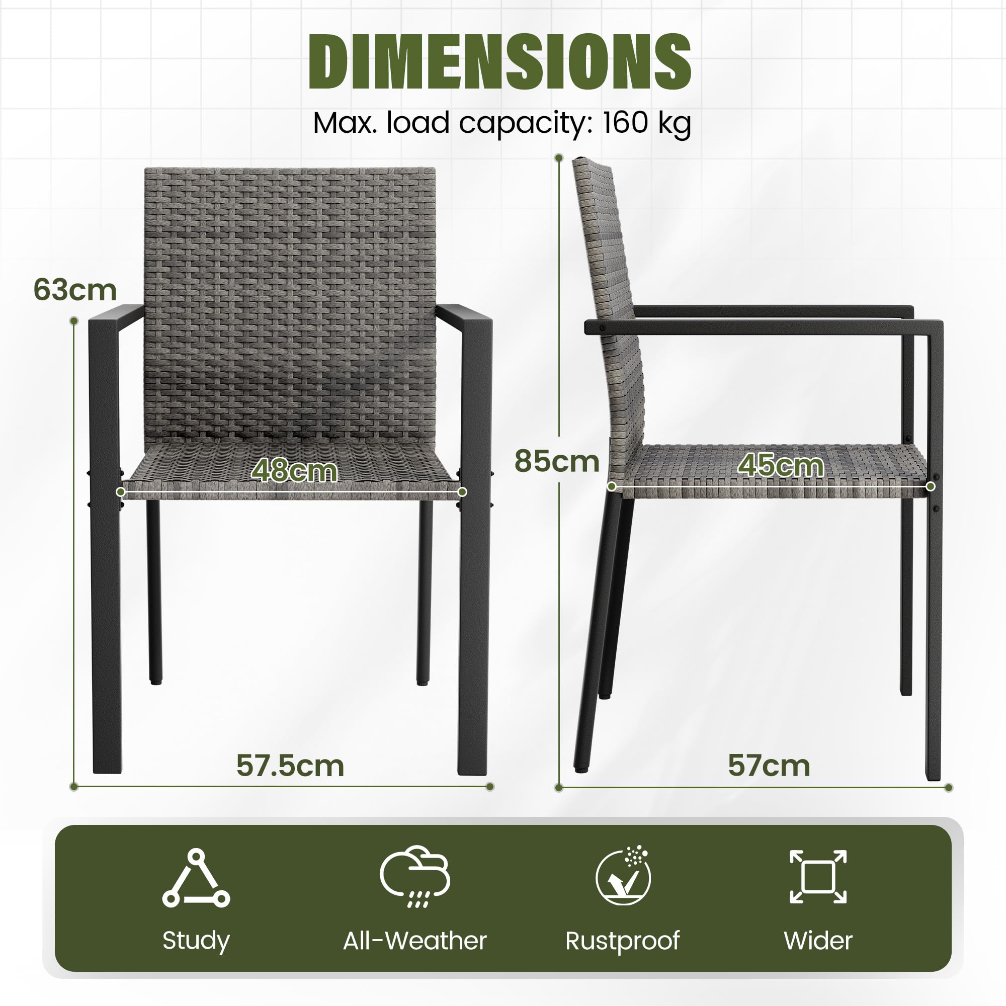 UDPATIO Gartenstühle Stapelbar 4er Set, Gartenstuhl Hochlehner aus Polyrattan, Rattan Stühle, Stapelstühle Wetterfest, Balkonstuhl Metall, Terrassenstühle für Garten, Outdoor, Grau