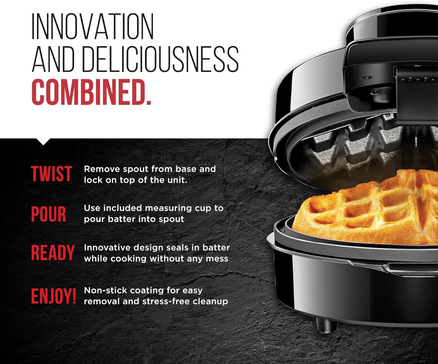 Chefman Perfect Pour Volcano Belgian Waffle Maker w/No Overflow Design Round Iron for Mess-Free Breakfast, Best Small Appliance Innovation Award Winner, Measuring Cup & Cleaning Tool Included, Black