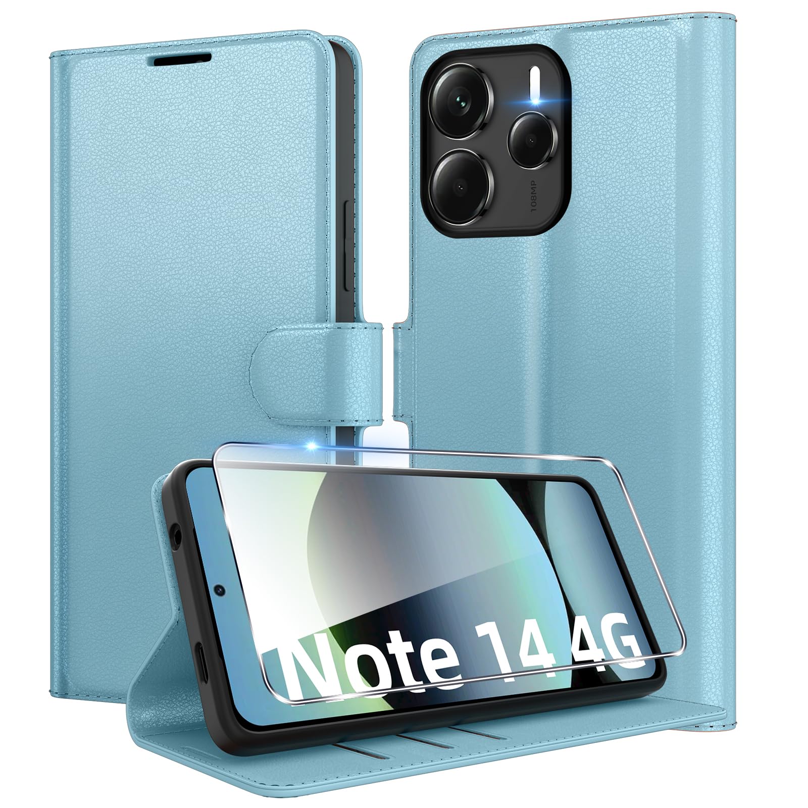 New&Teck Custodia per Xiaomi Redmi 14C / Redmi A4, [chiusura magnetica a patta ], [custodia a portafoglio in pelle], [multifunzionale] + 1 x [vetro temperato di protezione] (dorato