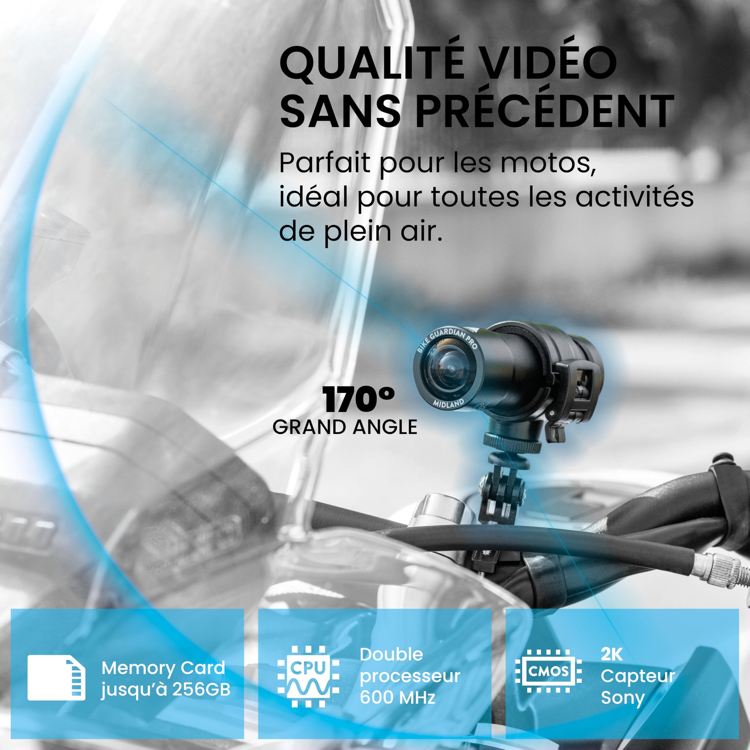 Midland- Bike Guardian PRO, Dash Cam Camera Sport Moto 2K, Camescope Caméra Video Moto Accessoires Moto Capteur Sony et Stabilisateur Avancé, Dashcam Etanche IP65 Streaming Live, Dash Cam Autonomie 2H