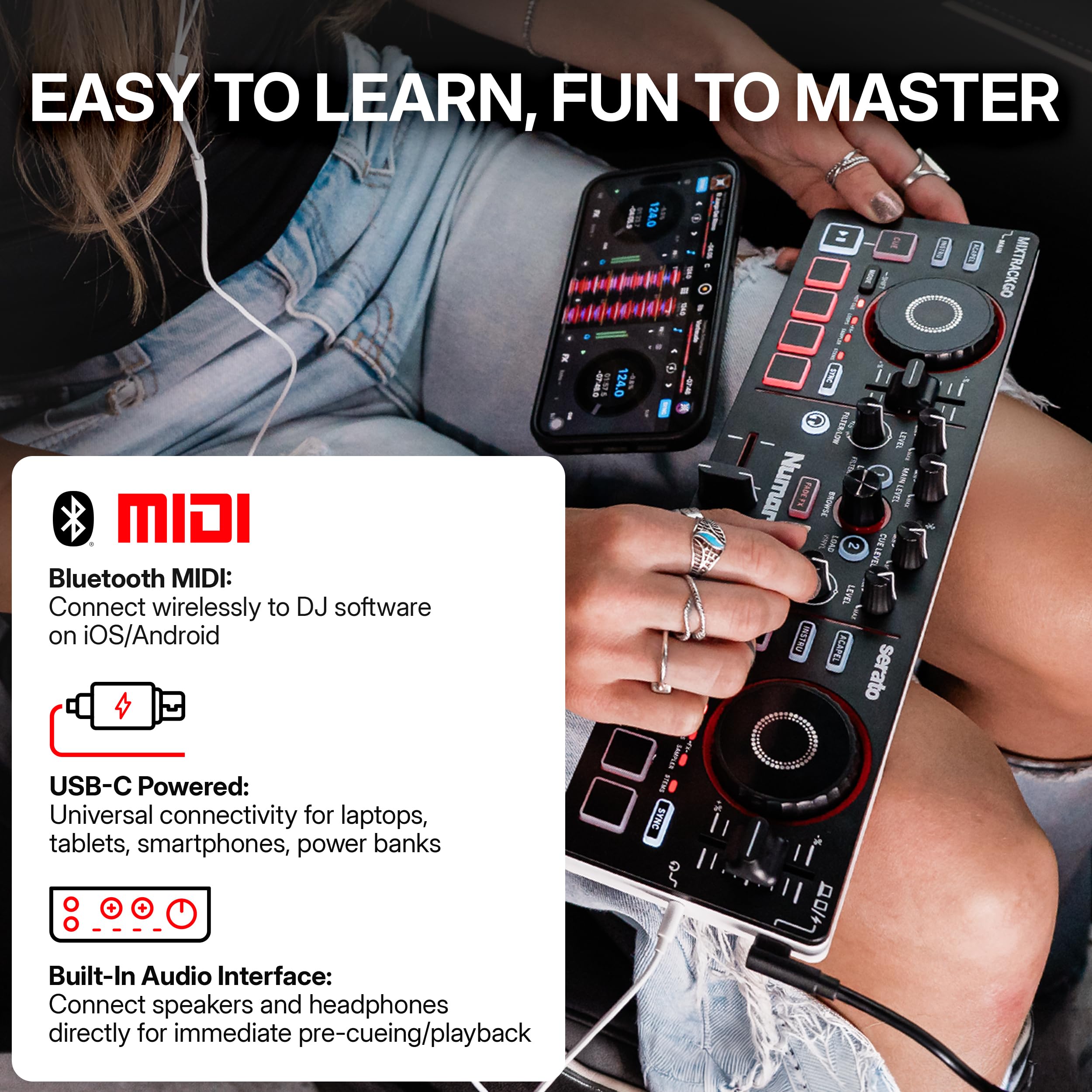 Numark MixTrack Go Kompaktowy Kontroler DJ Bluetooth z Funkcją Stems | 2-Deck Mikser DJ dla Początkujących i Mobilnych, Smart Fader, Beat Assist, USB-C, Serato DJ Lite & Algoriddim djay, Gen 4