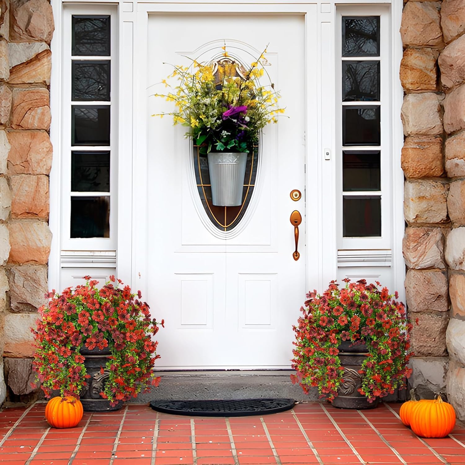 Artificial Hanging Flowers for Outdoors Spring Decoration, 2PCS Silk Fake Daisy Realistic Outdoor Flowers UV Resistant Porch Patio Window Yard Decor (Red Brown) - Image 4