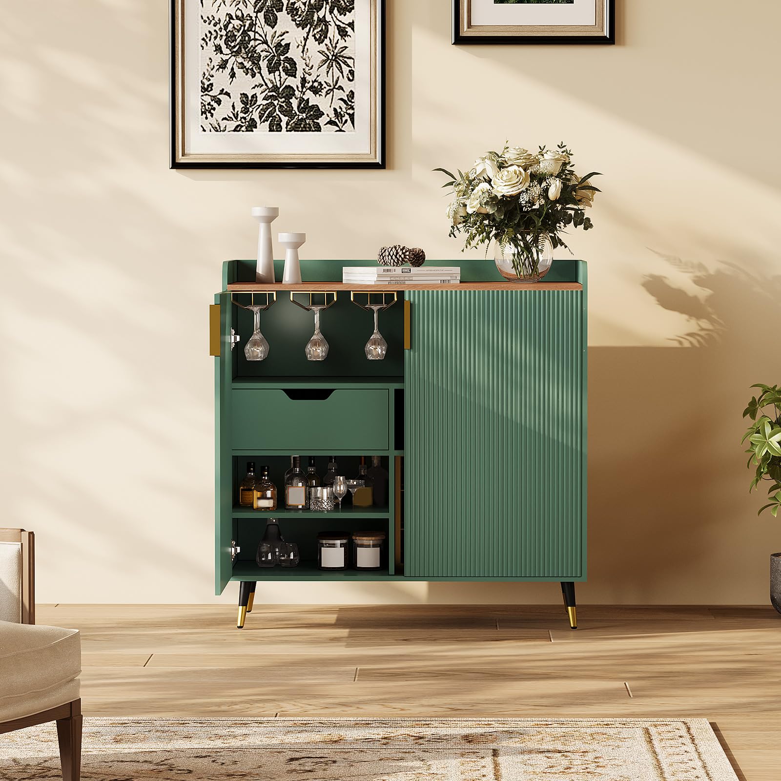 Moder Wine Bar Cabinet with Fluted Doors – Wine Rack, Glass Holders &amp; Storage – Small Buffet Sideboard for Dining Room, Living Room or Kitchen – Versatile Liquor &amp; Coffee Bar – Green