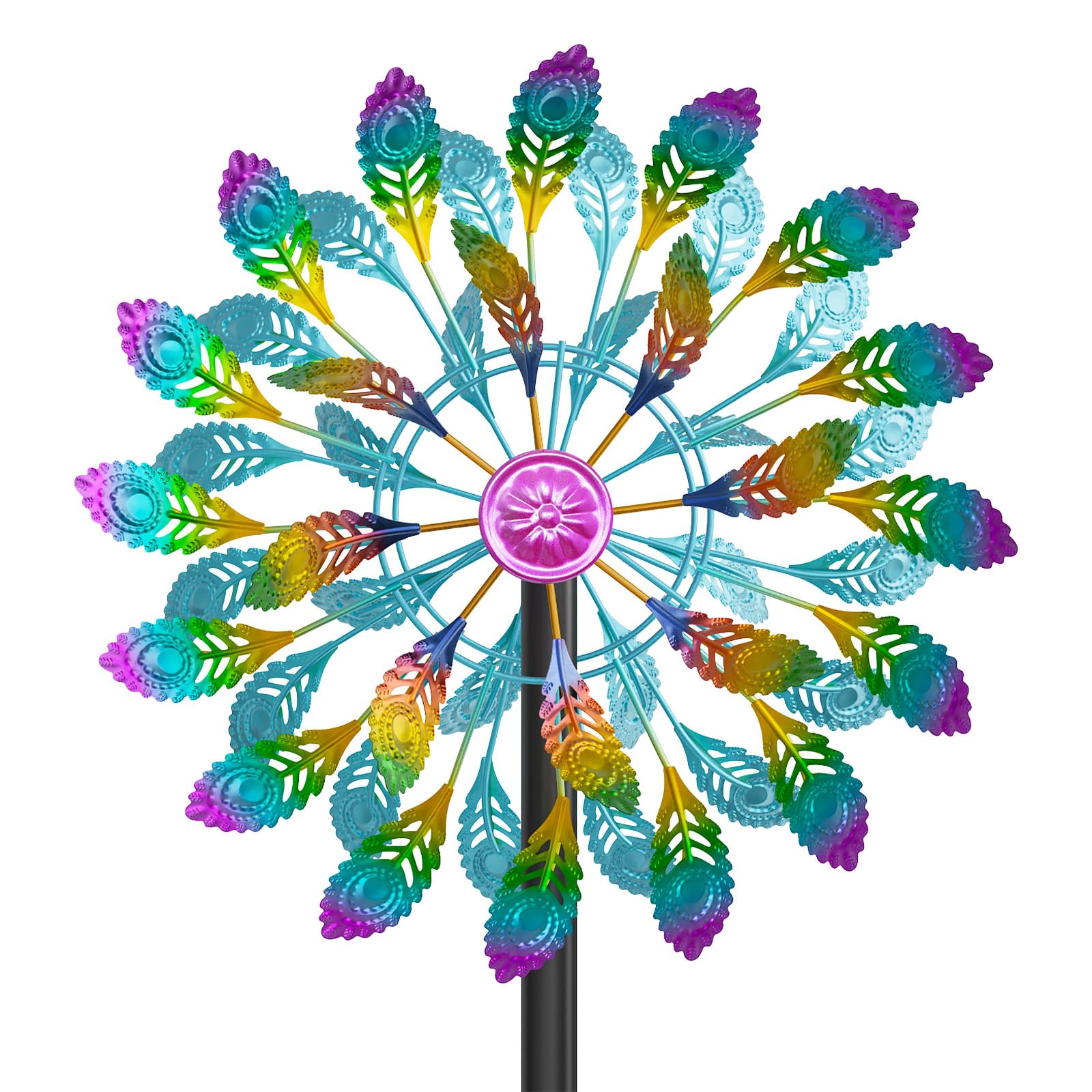 360° Wind Spinners Outdoor, Garden Wind Spinner Sculptures Windmill with Base Stand, Metal Kinetic Pinwheels for Lawn Patio Yard Art Outdoor Decor (Colorful feathers)