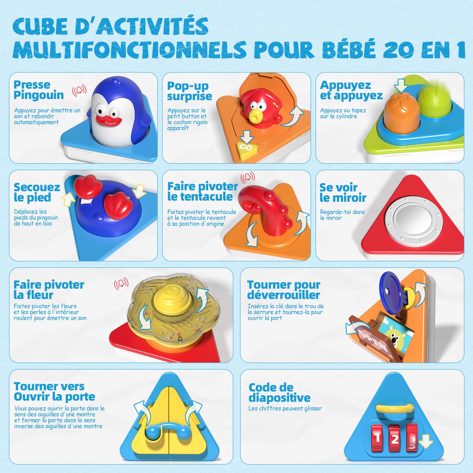 Jouet Cube d'Activité 20 en 1 Montessori Sensoriel de Voyage pour Enfants 1-3 Ans