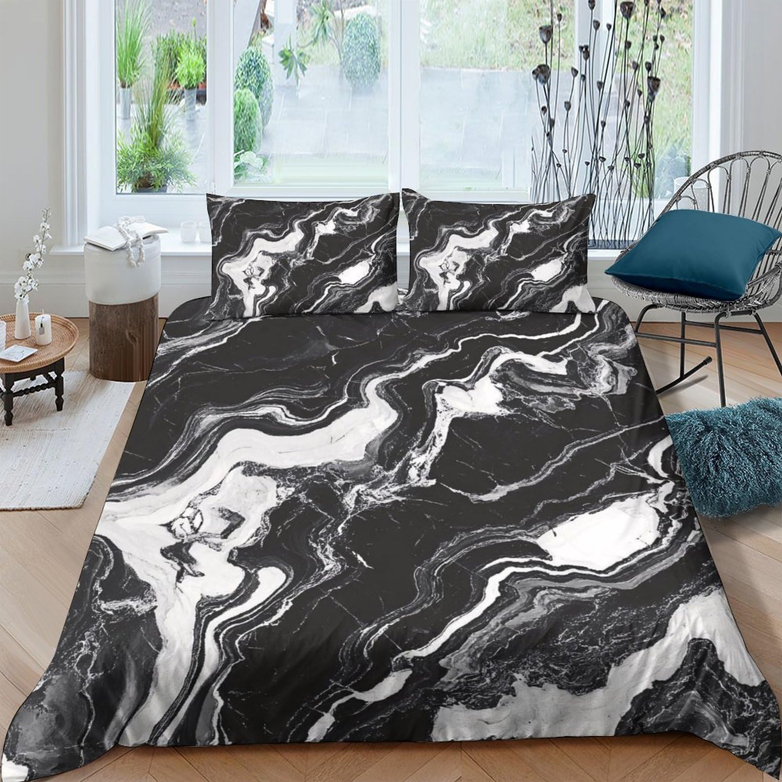 GPLZQXKJNH 3D Printed Marble Swirl Duvet Cover Microfiber Soft Breathable Abstract Bedding Set Black White with 2 Pillowcases Single（135x200cm）