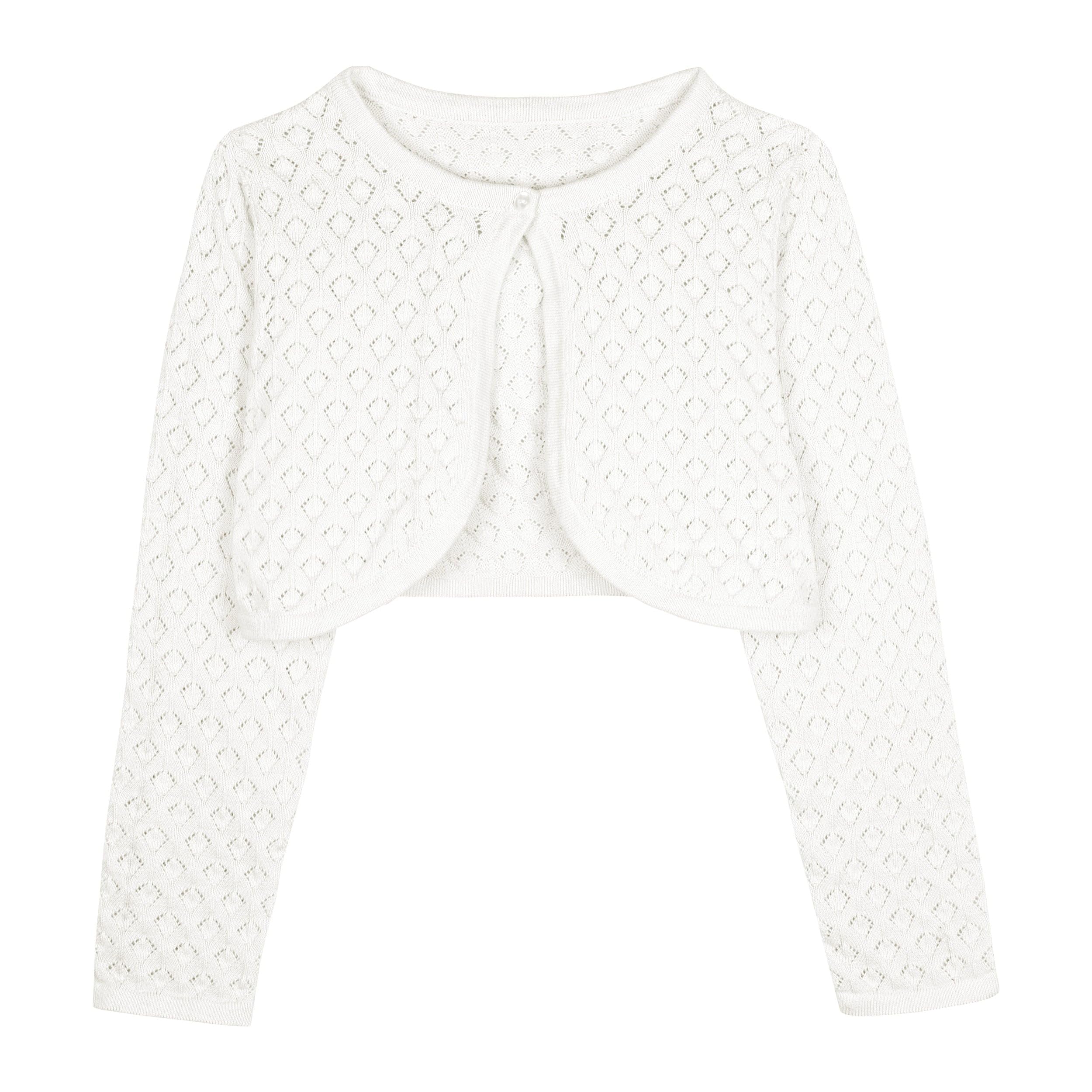 Bolerose Boléro Fille Maille Ajourée Manches Longues | Bouton Assorti, Coton 100 %, Bords Côtelés, Coupe Courte, Léger et Respirant, 3-14 Ans, Devant Ouvert