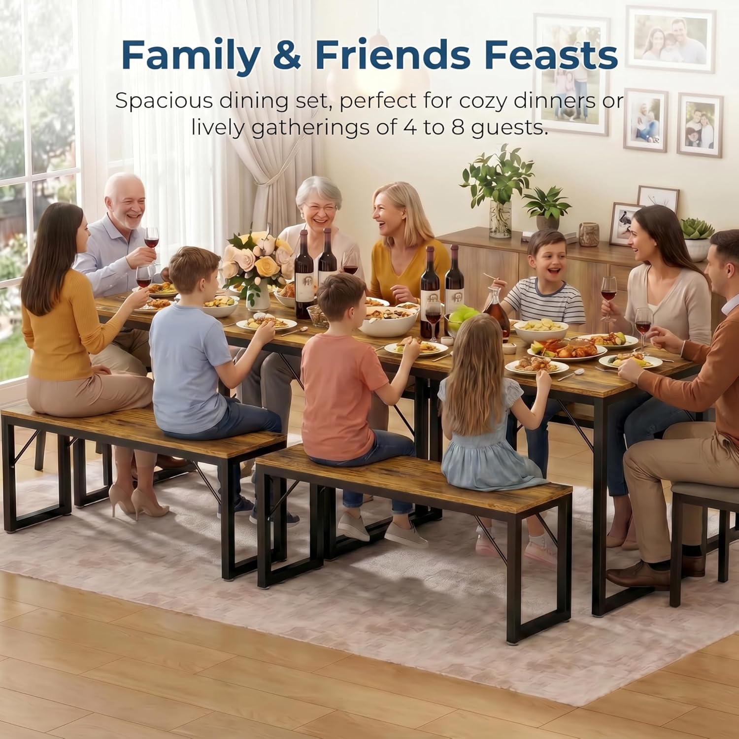 Bealife Dining Table Set for 4 with Metal Frame and MDF Board, Space Saving Kitchen Table with 2 Benches, Kitchen Table Set for Apartment, Dining Room, Breakfast Nook, Retro