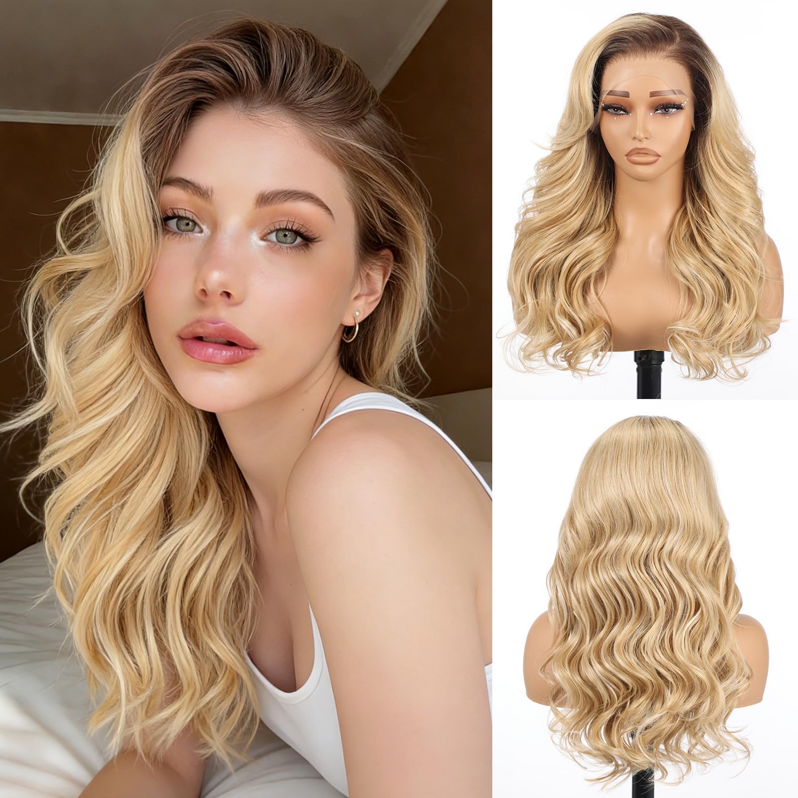 Allbell Peluca Frontal de Encaje Ombre Rubio 13x6 para Mujeres Negras, Peluca Sintética HD Sin Pegamento, Reemplazo de Cabello Ondulado de 22 Pulgadas