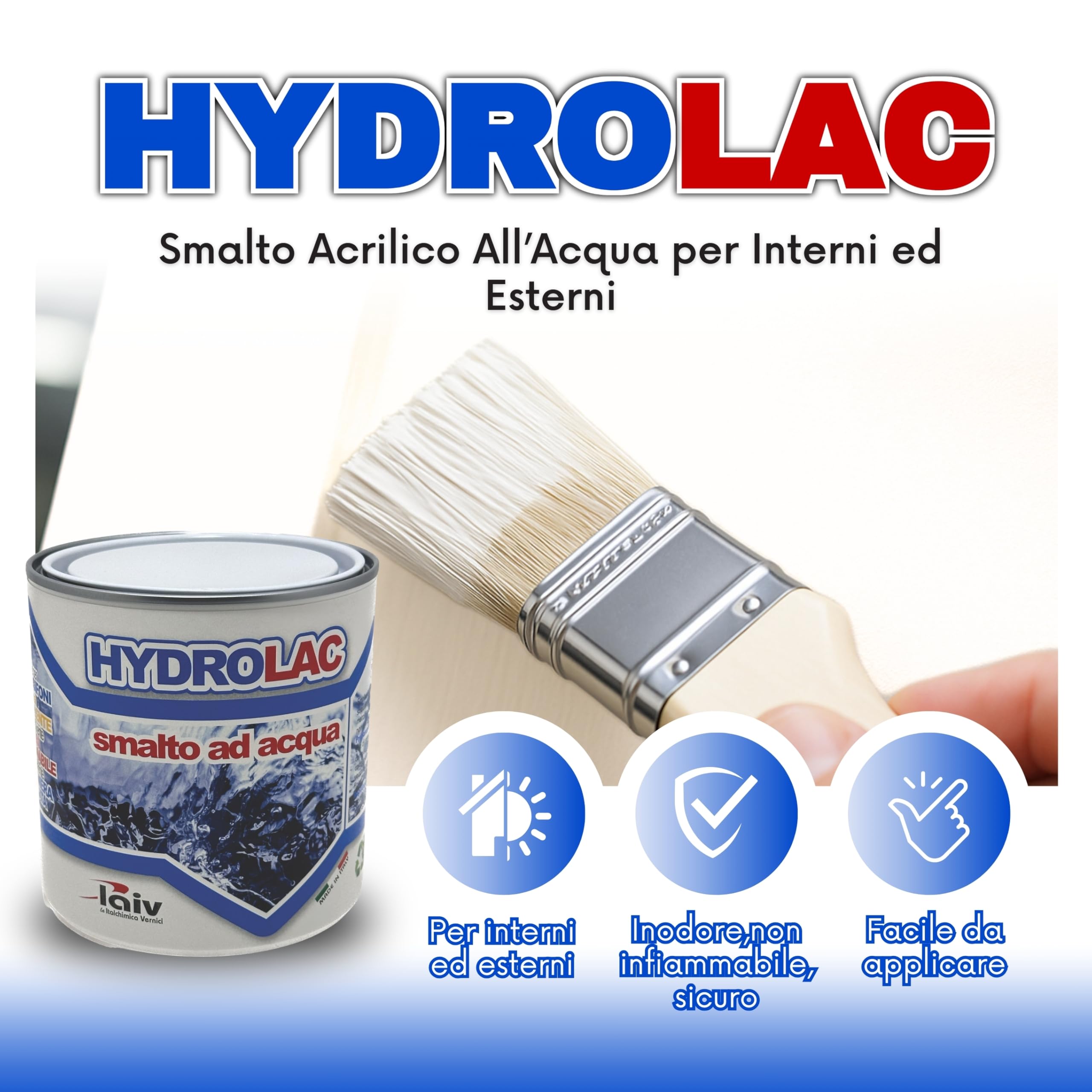 laiv Smalto Acrilico all'Acqua per Interni ed Esterni – 2,5 LITRI - Inodore, Rapida Essiccazione, Non Infiammabile – Uso Professionale Ecologico - Hydrolac - Bianco Opaco