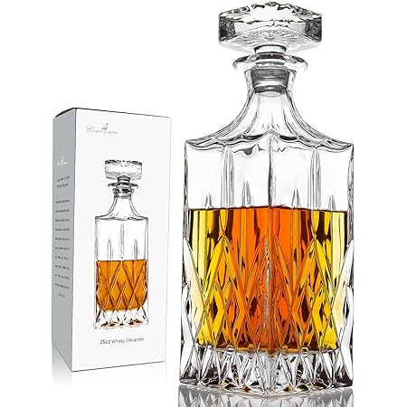 Whiskey Decanter For Whskey, Liquor, Scotch, Vodka, Bourbon - Crystal Decanter - With Stopper - Raindrop Design - 25 Oz. - Rectangular Shape - 12