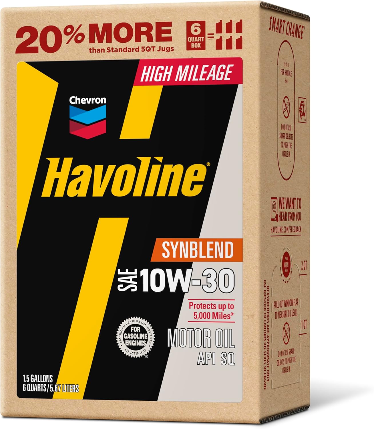Havoline Motor Oil 10w30 High Mileage Synthetic Technology Smart Change Engine Oil, 10W-30, 6 Quarts, Pack of 1