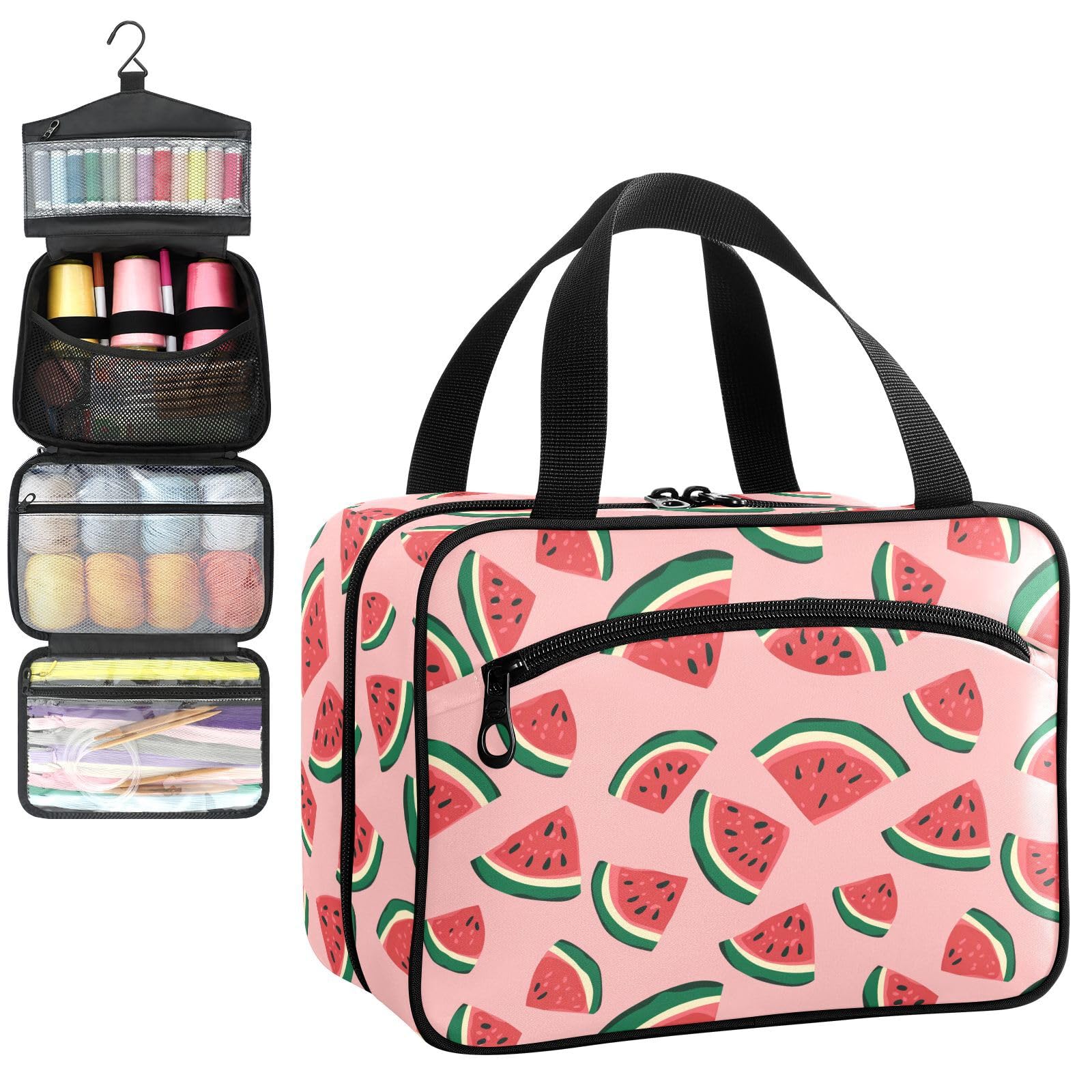 YNNALE Sewing Supply Organizer Bag, Watermelon Patterned Summer Fruit Portable Sewing Bags with Pockets&Hanger, Sewing Storage Box Case for Sew Supplies/Kit/Tools/Accessories (BAG ONLY)