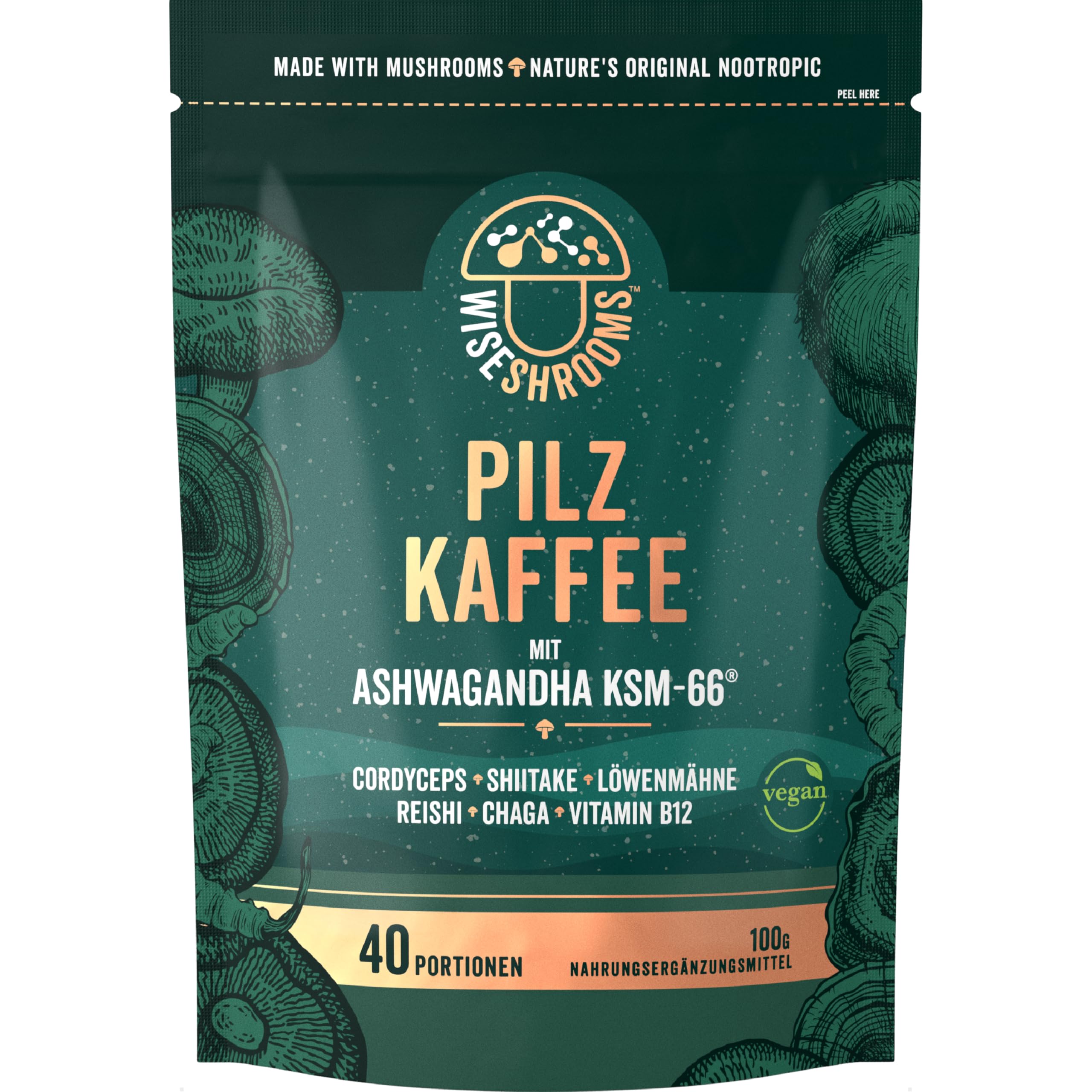 Pilz Kaffee mit Ashwagandha KSM-66 | 40 Portionen | 5 Pilz Komplex mit Löwenmähne, Cordyceps, Shiitake, Reishi, Chaga & Zugesetzt Vitamin B12 | von Wiseshrooms