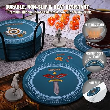 CZYY DND Coasters Set of 14 with Holder - 5E Classes Icons Silicone Coaster Set, Non-Slip & Heat Resistant - DND Accessories for RPG Home Decor, Geek Gift for Gamer and DM