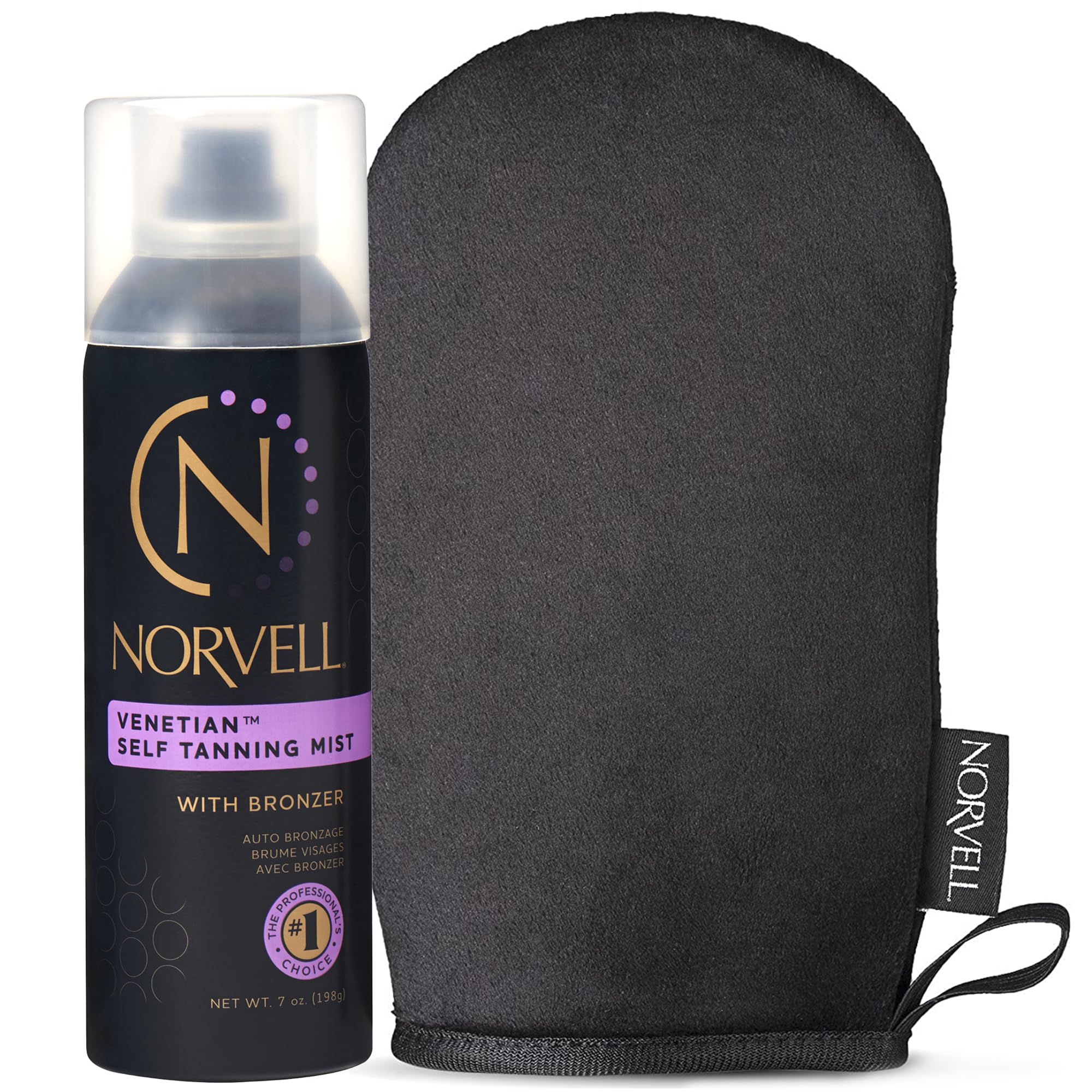 Norvell Venetian Sunless Tanning Bundle: Aerosol Spray Solution Mist with Bronzer for Instant Sun Kissed Glow, 7 fl. oz. and Streak Free Washable Applicator Blending Tan Mitt for Flawless Results