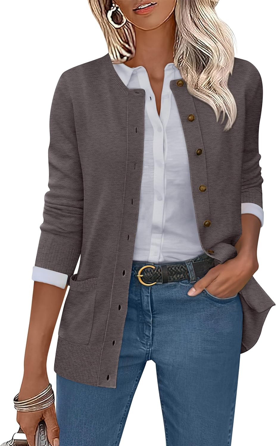ANRABESS Women's Cardigans 2025 Fall Dressy Casual Long Sleeve Crewneck Button Down Open Front Soft Knit Cardigan Sweaters