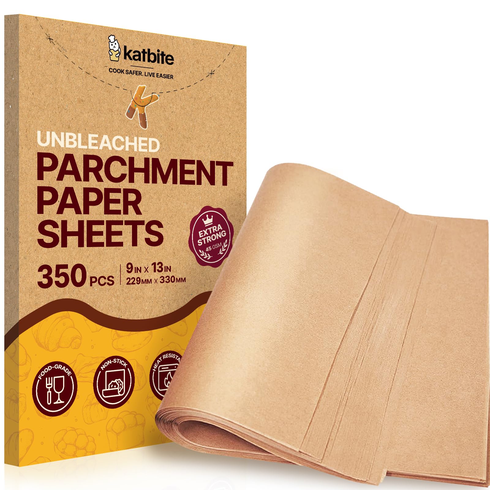 Katbite 9x13 Inch (23x33 cm) Parchment Paper, 350 Pcs Heavy Duty Precut Baking Paper Sheets, Non-Stick Extra Strong Liners for Baking Cookies, Bread, Meat and Pizza
