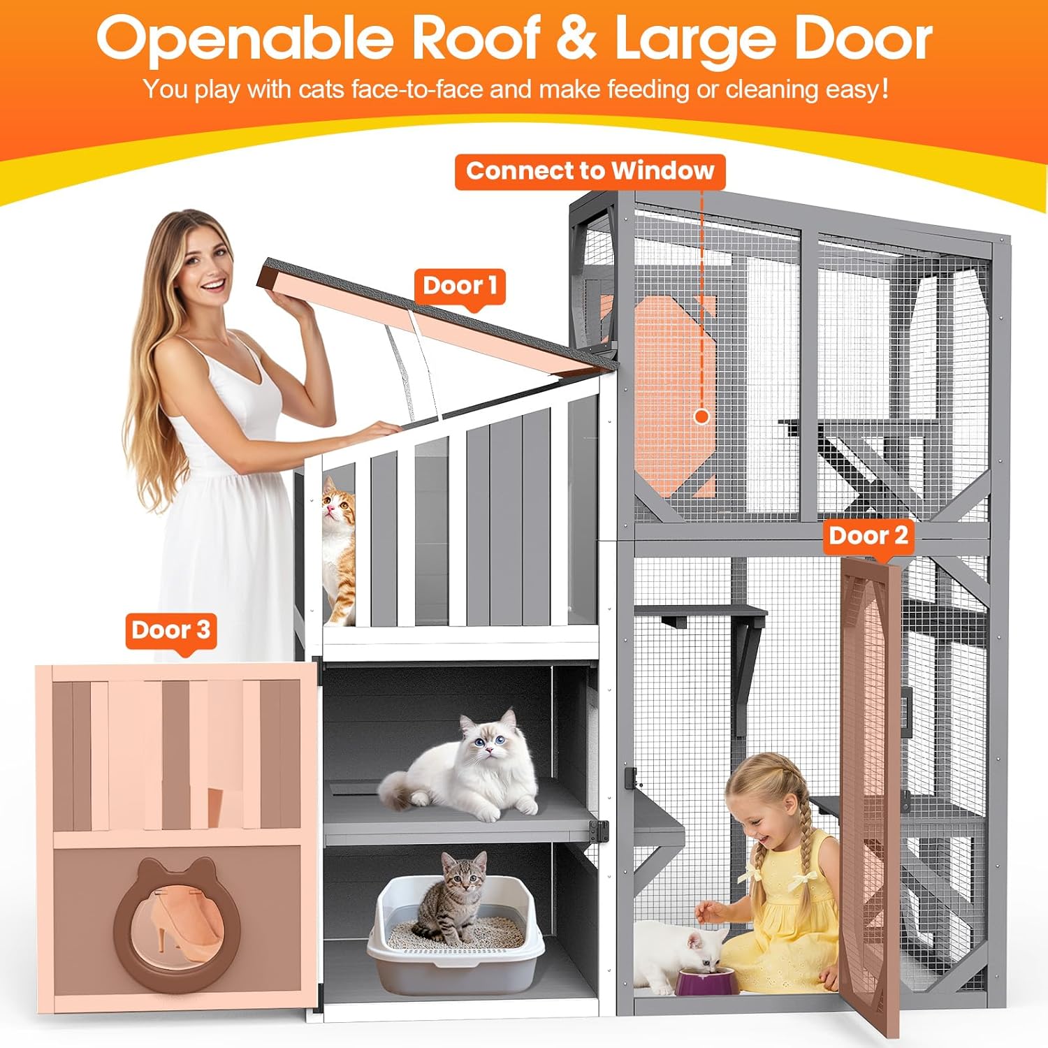 69"H Catio 3 Tiers Large Cat Enclosures House for Outdoor Indoor Use, Feral Cats Shelter with Window Access, Adjustable Two-way Access Hole, Weatherproof Roof, 3 Resting Rooms, 3 Platforms