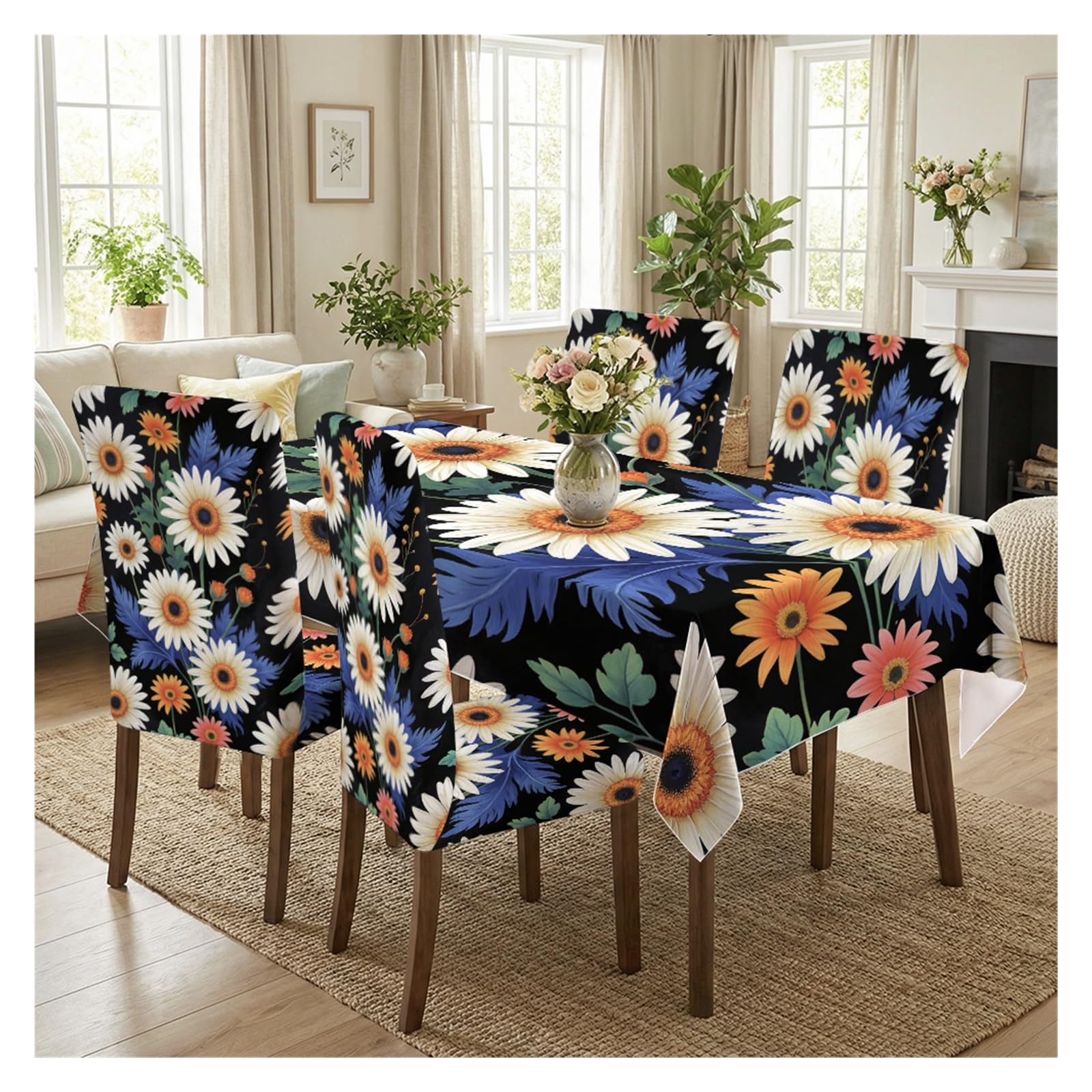 KXUAUV Black Base Daisy Floral Print Stretch Chair Covers & Tablecloth Set, For Kitchen Dining Room Party Boho Decor, 5/7 Pack Party Decor(5pcs Set: Tablecloth+Chair Covers)