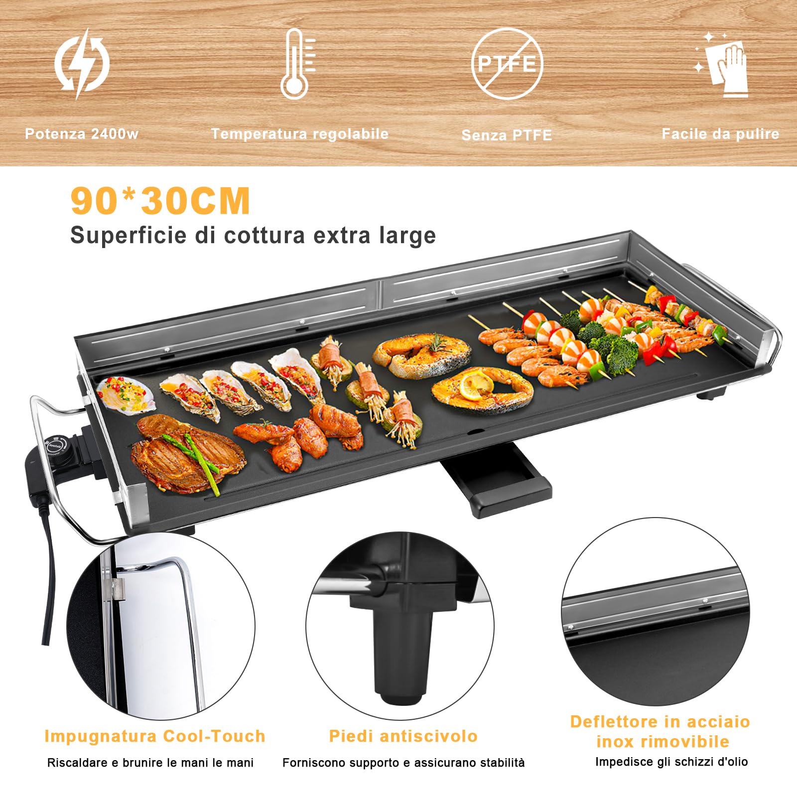 AEWHALE Griglia Elettrica 2400W XXL Piastra per Grigliare elettrico con protezione anti-vento e anti-spruzzi in acciaio inox barbecue per 10 persone, per Uso Interno ed Esterno (90X33CM)