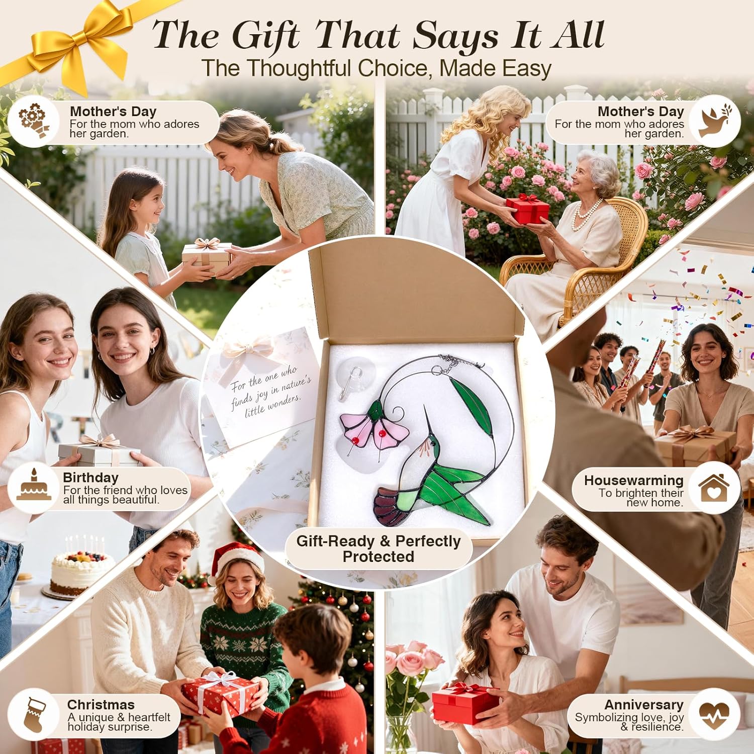 Stained Glass Hummingbird Suncatcher with Flower Branch - Handmade Real Glass Window Hanging, Bird Safe Gift for Women, Mom & Bird Lovers - Vibrant Porch & Kitchen Decor (Green) - Image 6