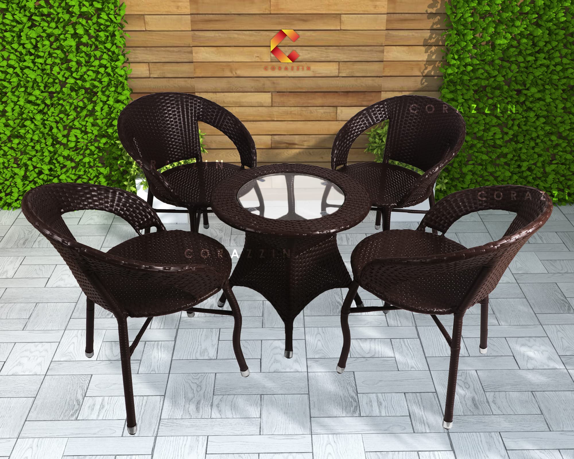 Corazzin Garden Patio Seating Chair and Table Set Balcony Outdoor Furniture with 1 Tables and 4 Chair Set (Brown), ?Rattan & Wicker, 63 Cm, 63 Cm