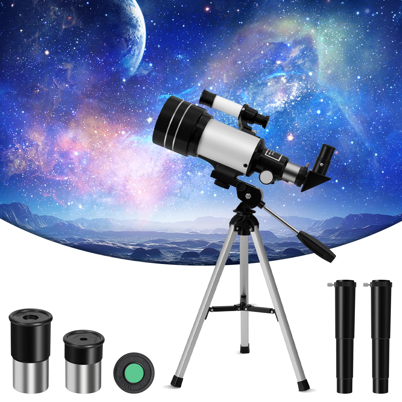Telescopio Astronómicos para Adultos, Telescopios Refractores con Trípode, 70mm Apertura 300mm Telescope Portátil - Telescopios Refracción para Niños Principiantes,Con Barlow,Teléfono Soporte