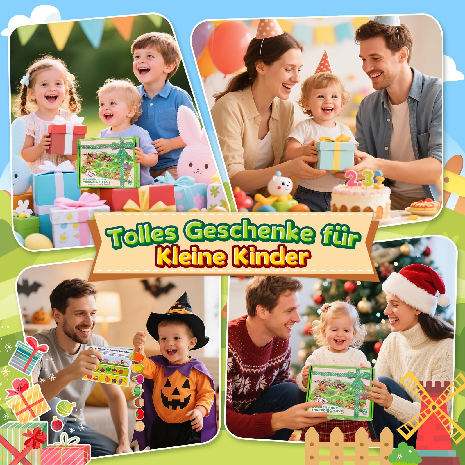 Juguetes Montessori Niños 1 2 3 Años: Regalo Niña Niño 2 3 Años cuentas de Madera Juguete Enhebrar Juegos Educativos Niños 1-3 Años Regalo de Cumpleaños Tema de la Granja con Animales Frutas Verduras