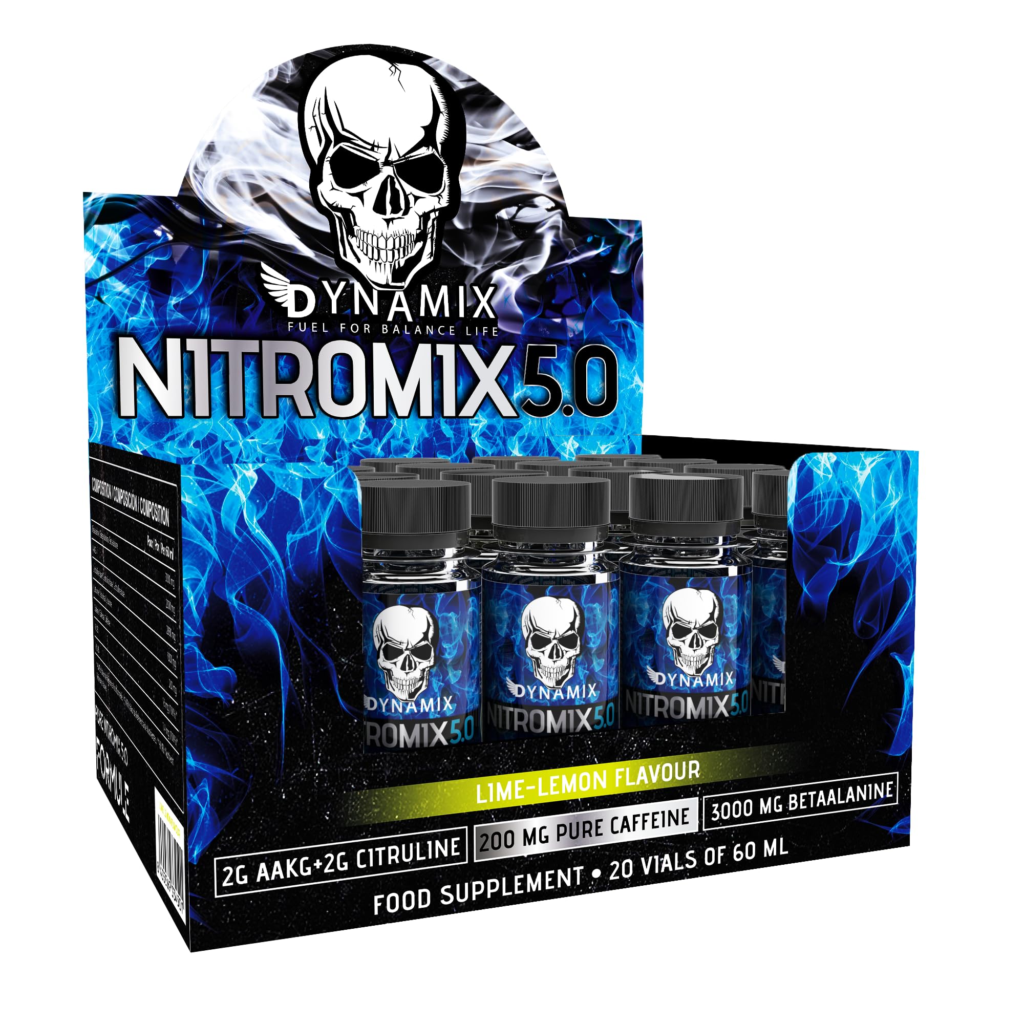 DYNAMIX NUTRITION Nitromix 5.0 Pre-Entreno Pack 20 Viales x 60 ml Aumenta la Energía Sabor Lima Limón