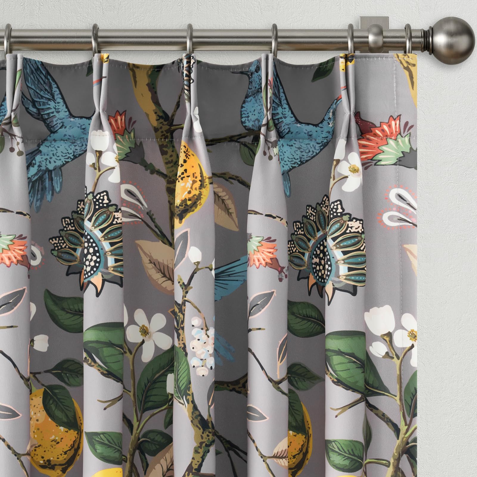 Floral Grey Pinch Pleated Blackout Curtains,Mid Century Botanical Printed Curtains 96 Inches Long for Living Room Bedroom,Vintage Floral Lemon Hummingbird Colorful Drapes, 2 Panels