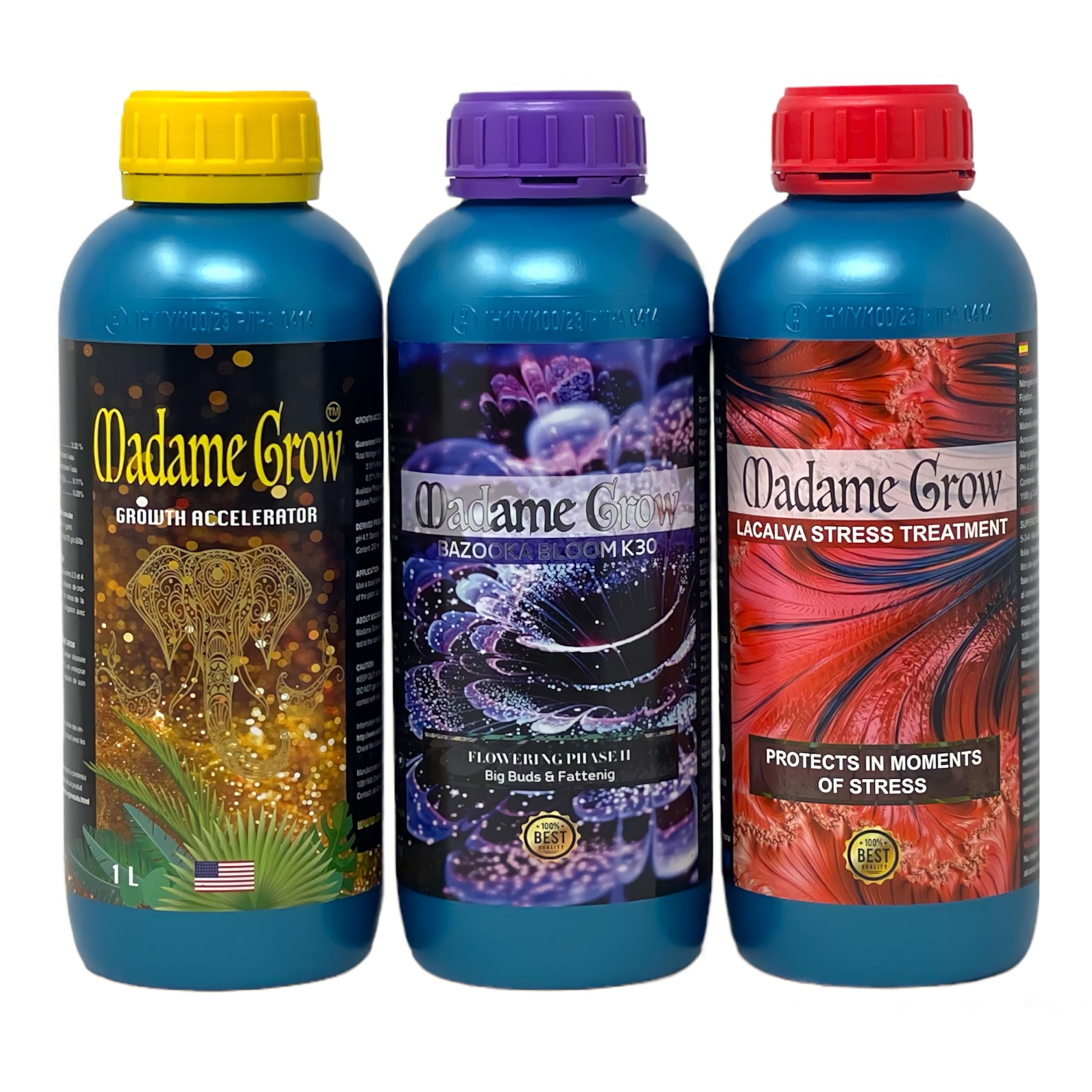 Madame Grow Kit Kamala 3x1L – Engrais Organique Croissance et Floraison, Growth Accelerator, Lacalva Stress et Bazooka Bloom, Nutrition Plantes, Protection et Rendement