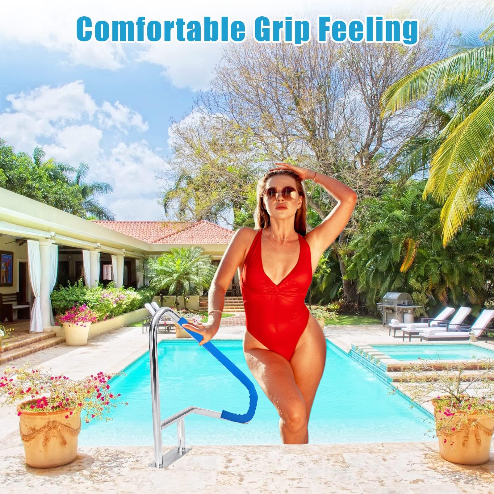 Garvee Barandilla antideslizante para piscina y baño - Acero inoxidable 304 duradero - Soporta 175 kg - Resistente a la corrosión, fácil de instalar - Seguridad y apoyo - Incluye accesorios - Tamaño