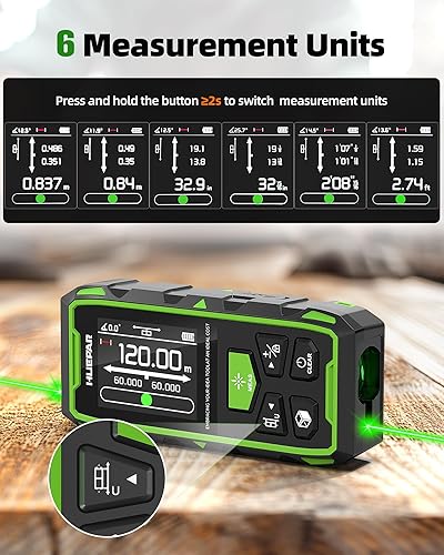 Miniatura 8 de Huepar Herramienta de medición láser dual, medición de distancia láser digital bilateral de haz verde de 393 pies, 6 unidades piespulgada,