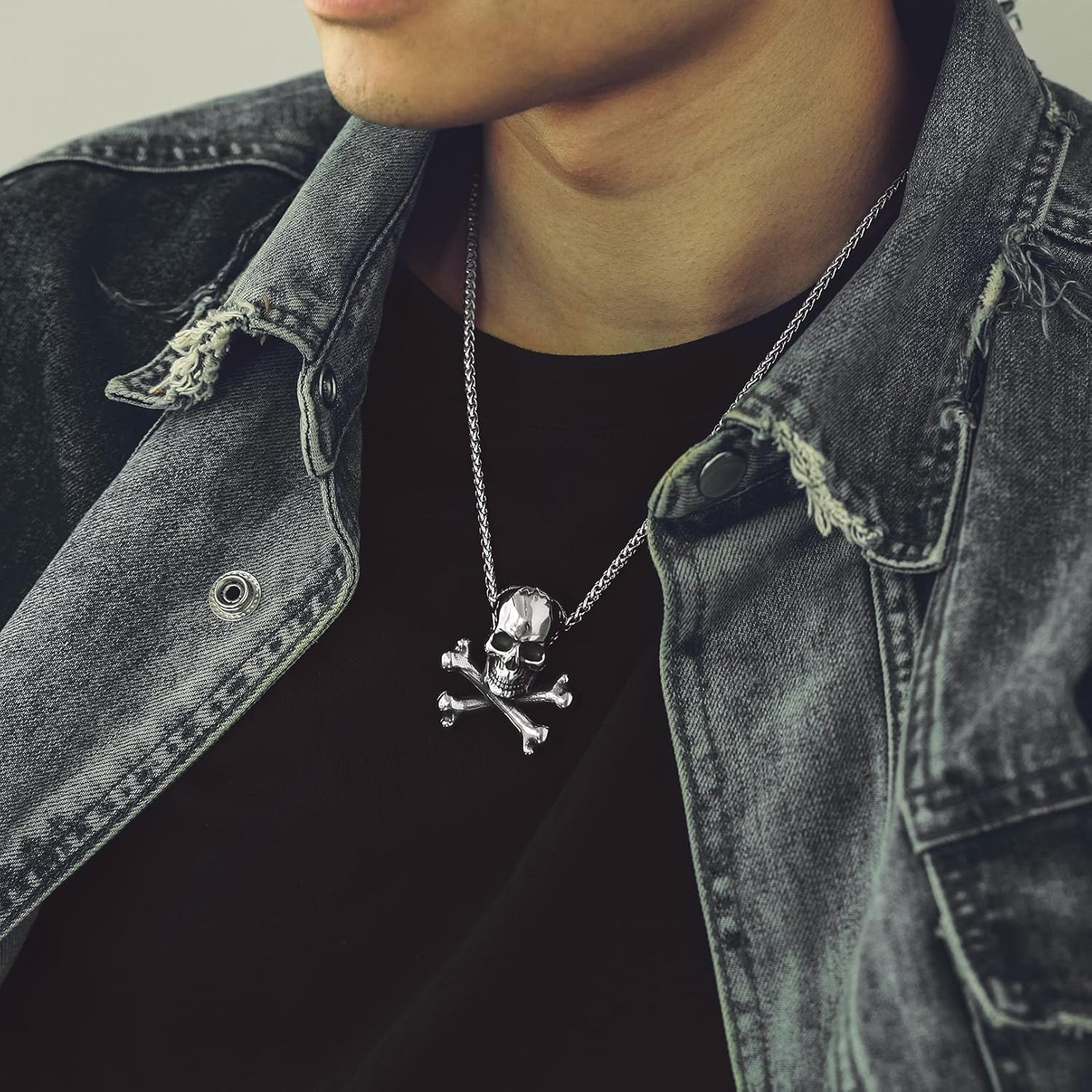 Bandmax Skull Pendant Necklace for Men Women Stainless Steel/Black Gothic Skeleton Charm with 22" Spiga Chain Rapper Biker Necklace Jewelry - Image 2