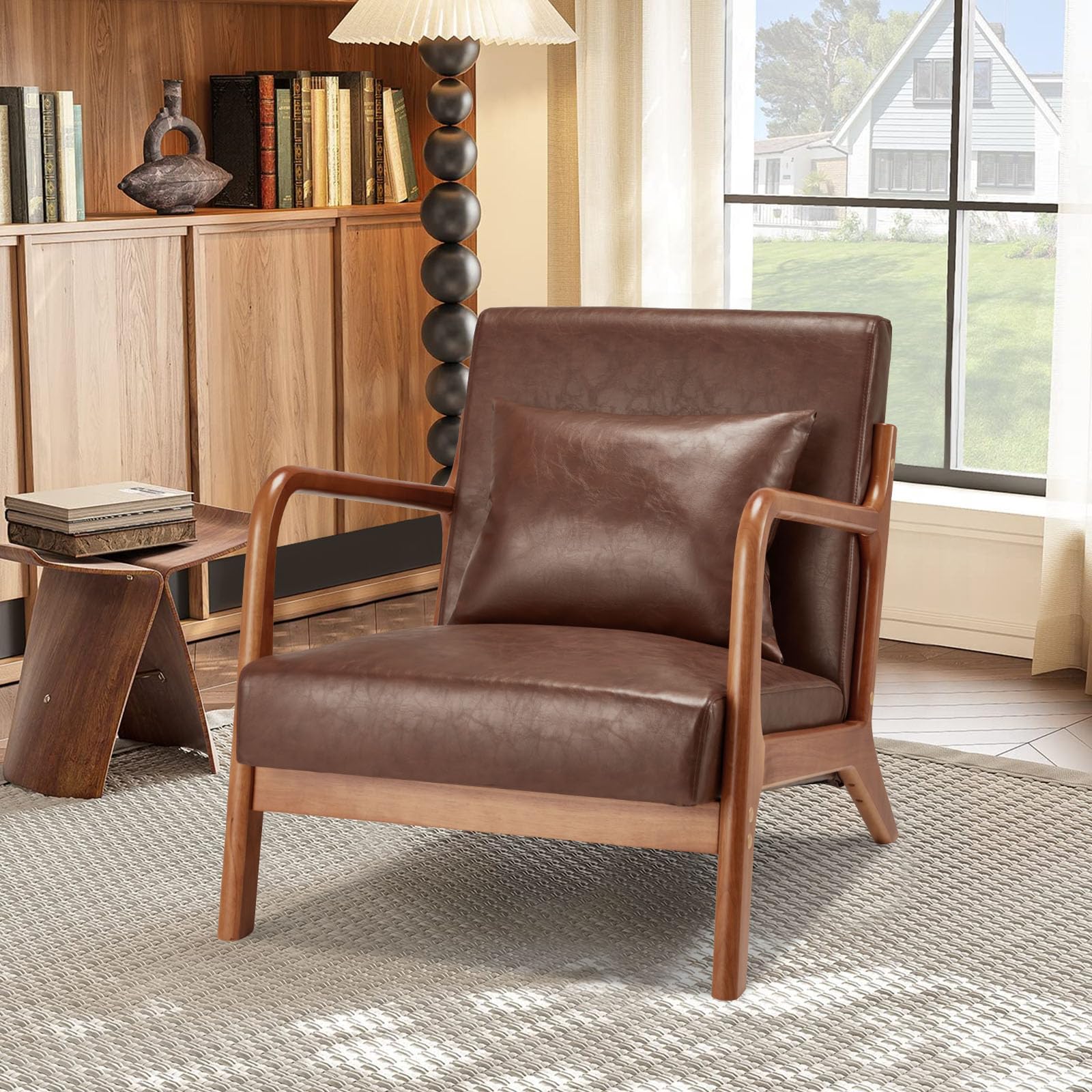 Fauteuil Accent YODOLLA En Cuir Synthétique Marron Rouge – Fauteuil De Lecture Avec Accoudoirs Bois, Style Rétro Moderne