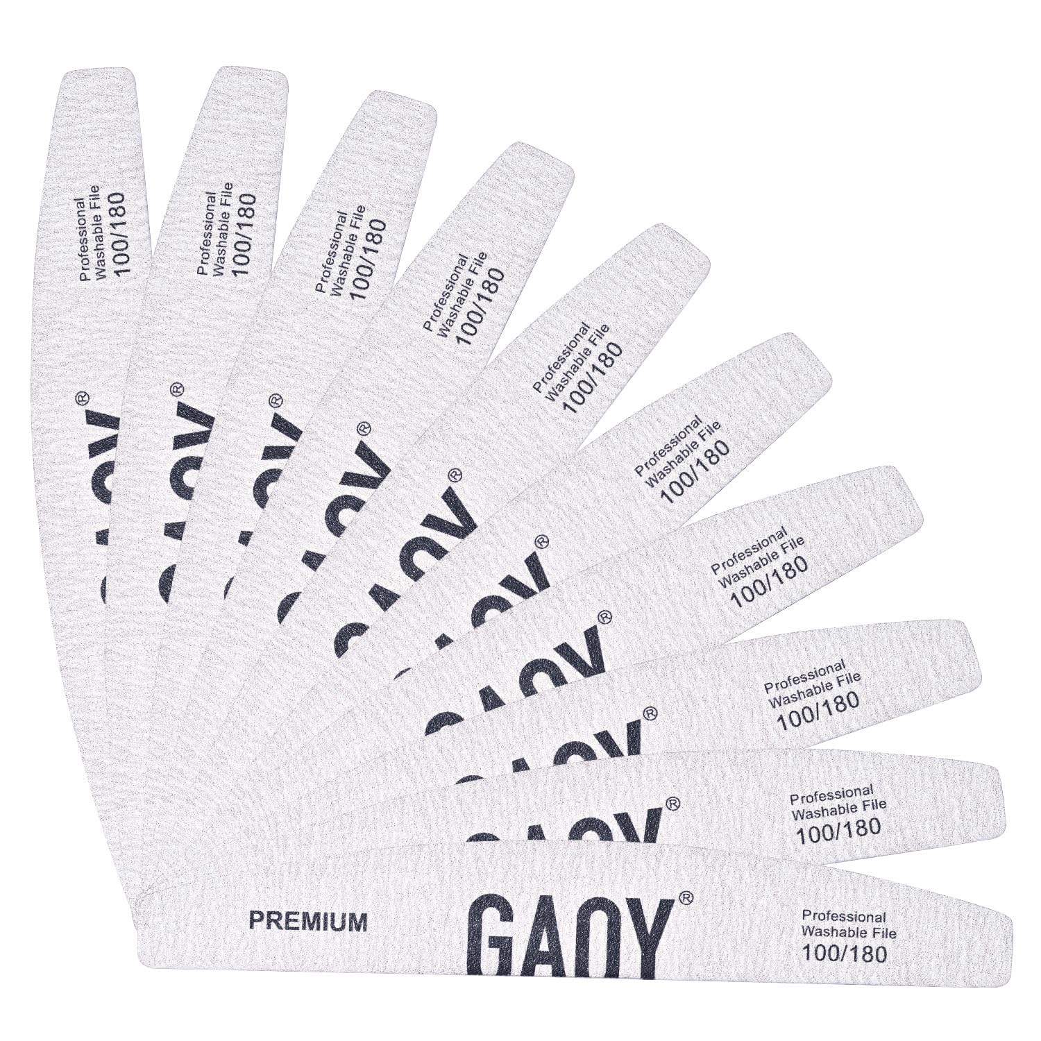 GAOY Nail File, 10Pcs Professional 100/180 Grit Half-Moon Shaped Double Sides Washable Emery Boards Manicure Tools for Acrylic and Gel Nails