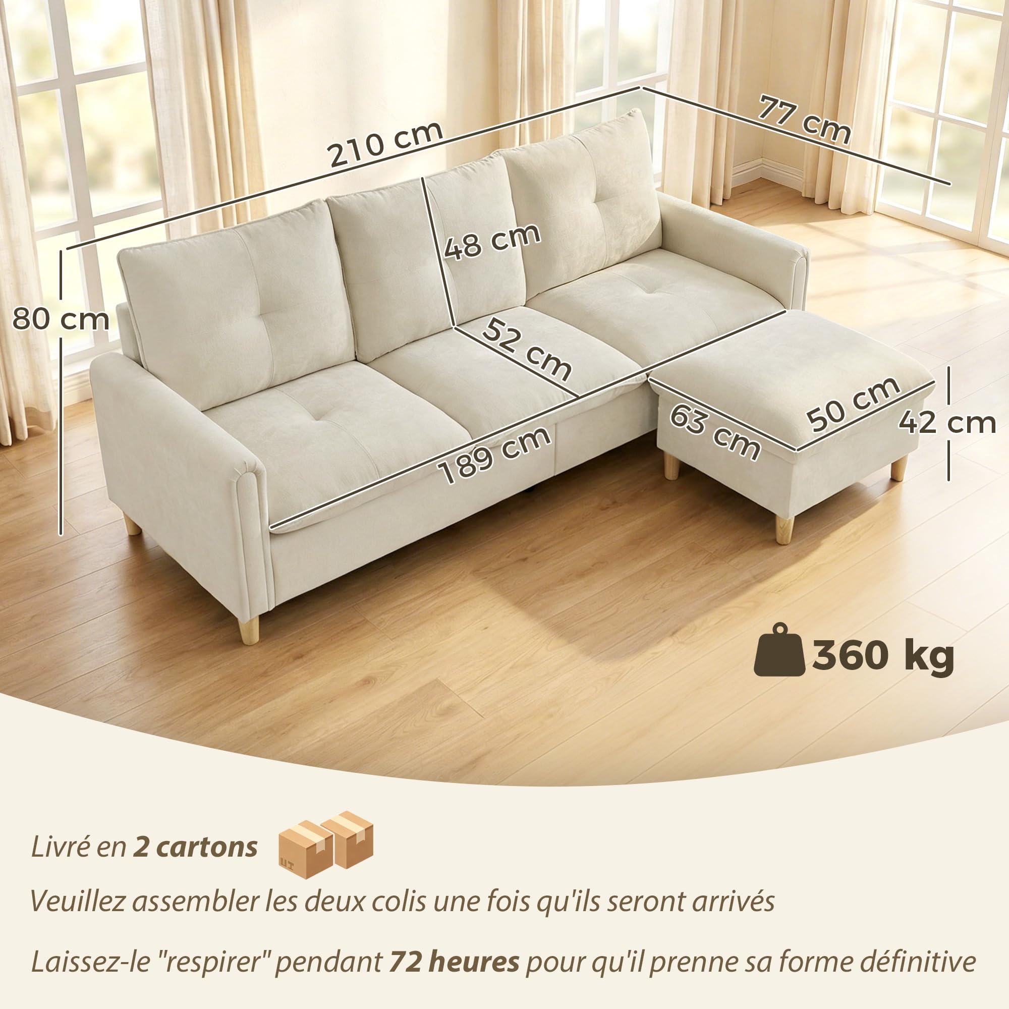 HOMCOM Divano a 3 posti con pouf portaoggetti divano angolare modulabile 210 cm moderno seduta ampia imbottita cuscini a molla, tessuto effetto lino, gambe in legno di albero della gomma, per | Ottomano di stoccaggio