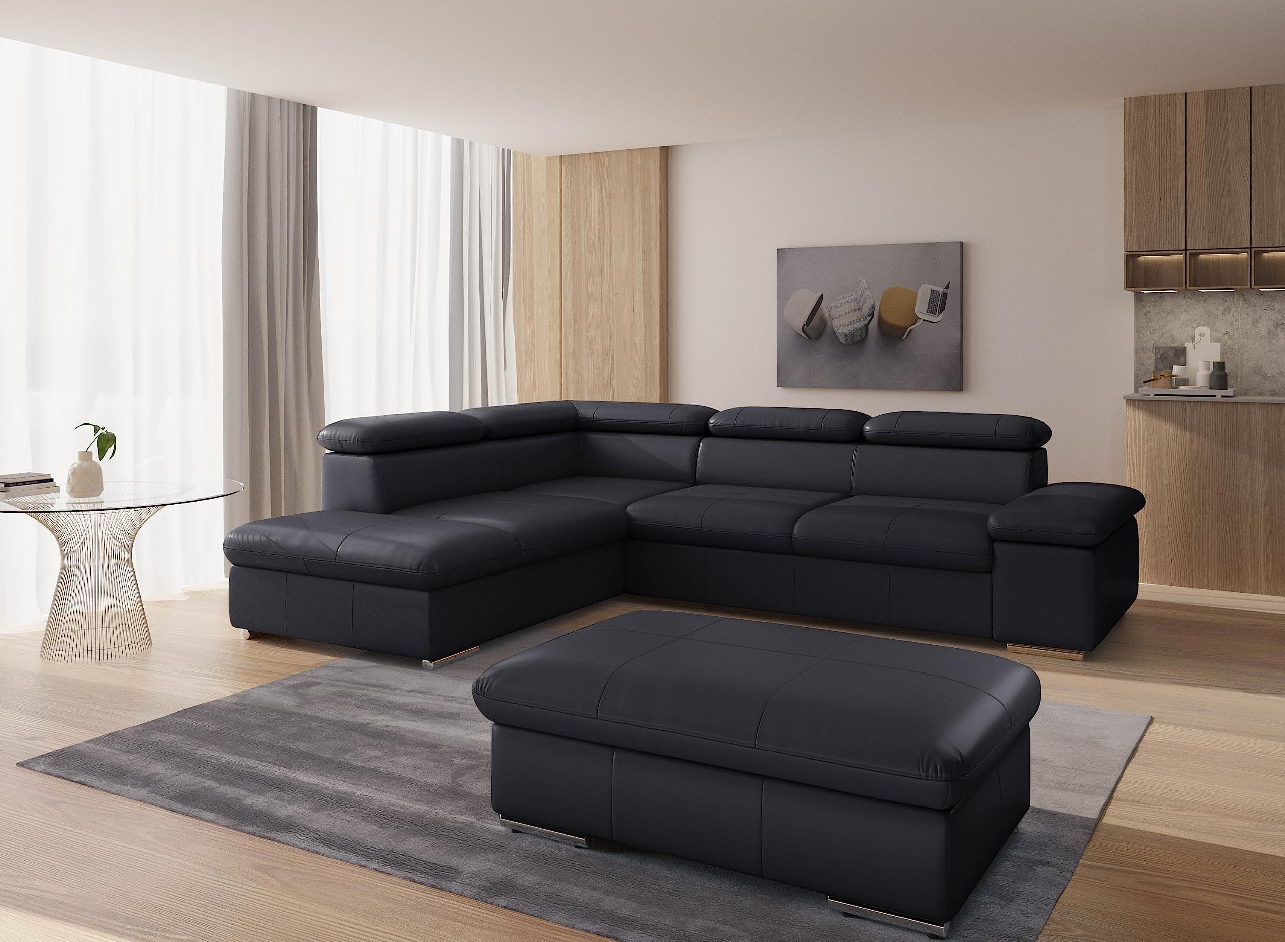 CAVADORE Valerie Canapé-lit en Cuir véritable avec méridienne/Canapé d'angle avec Fonction lit + tête de lit réglable / 272 x 73 x 226 cm/Cuir Noir