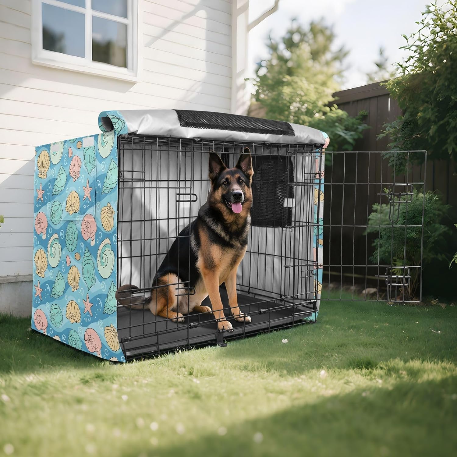 Summer Seashells Dog Crate Cover 600D Oxford Pet Kennel Cover with Mesh Window for Dog Cages, Windproof Waterproof Machine Washable, 48"x30"x33"