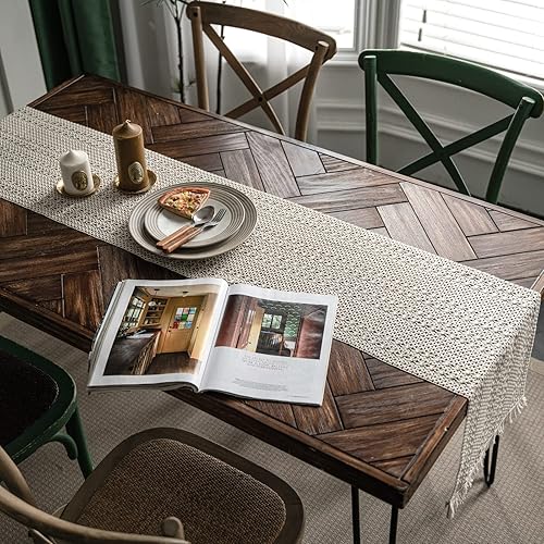 Miniatura 7 de Alynsehom Camino de mesa de macramé, estilo bohemio, beige, con borlas, tejido bohemio, de algodón, encaje de ganchillo, decoración del hogar para