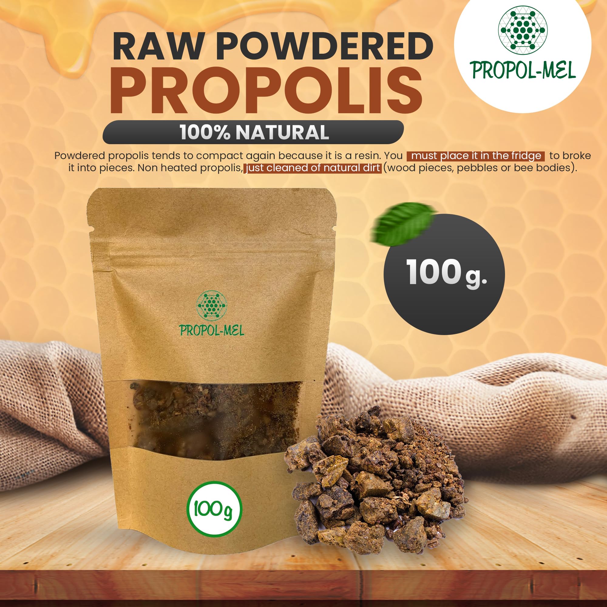 Reines Propolispulver (100 g) 100% natürlich. Direktes Propolis vom Imker. (Eine flache Scheibe aus verdichtetem Pulver wird erhalten) (Packung mit 2)
