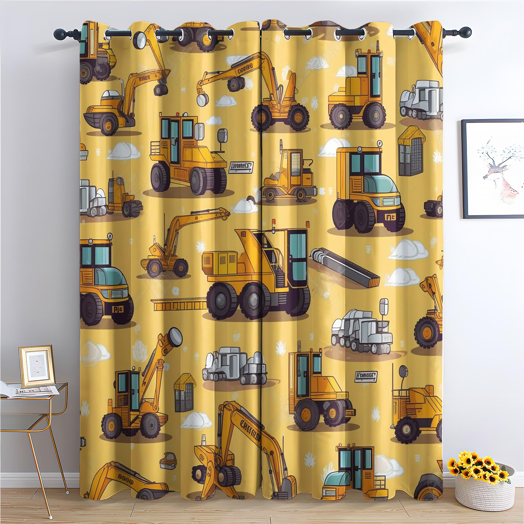 QEODAH Construction Truck Curtains 137cm Drop, Boys Excavator Cartoon Car Patterned Blackout Curtains for Bedroom, Living Room Decor, Soft Thermal Insulated Eyelet Drapes for Windows - 2 Panels