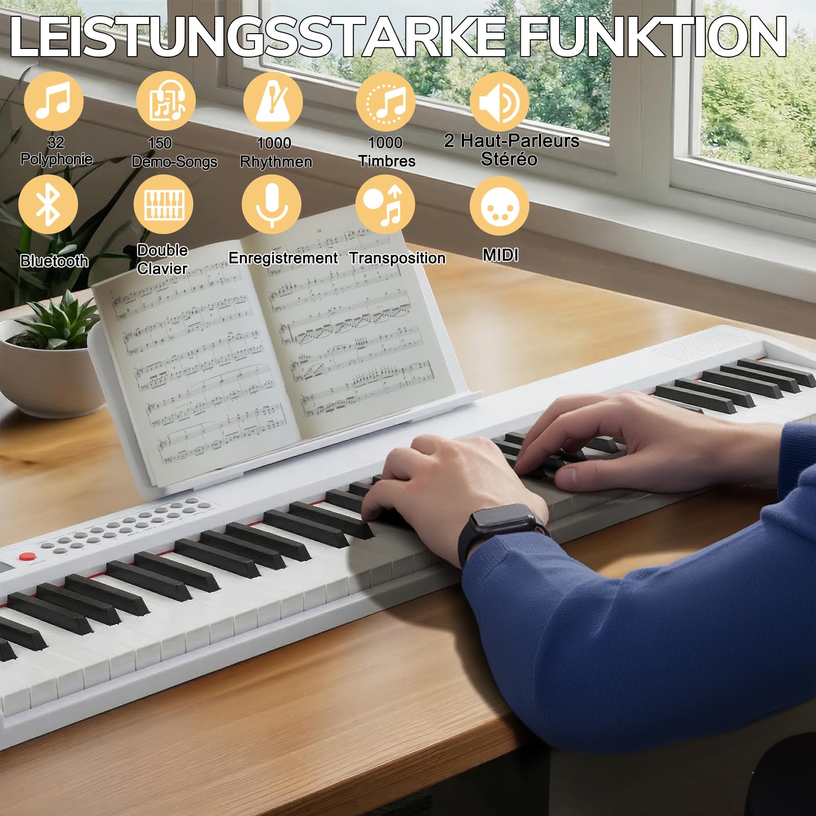 LEADZM Piano Numérique Pliable 88 Touches, Ensemble Piano Électrique Semi-Lesté, 2 Modes Bluetooth, 1000 Rythmes, 1000 Sonorités et 50 Démos pour Débutants (Blanc)